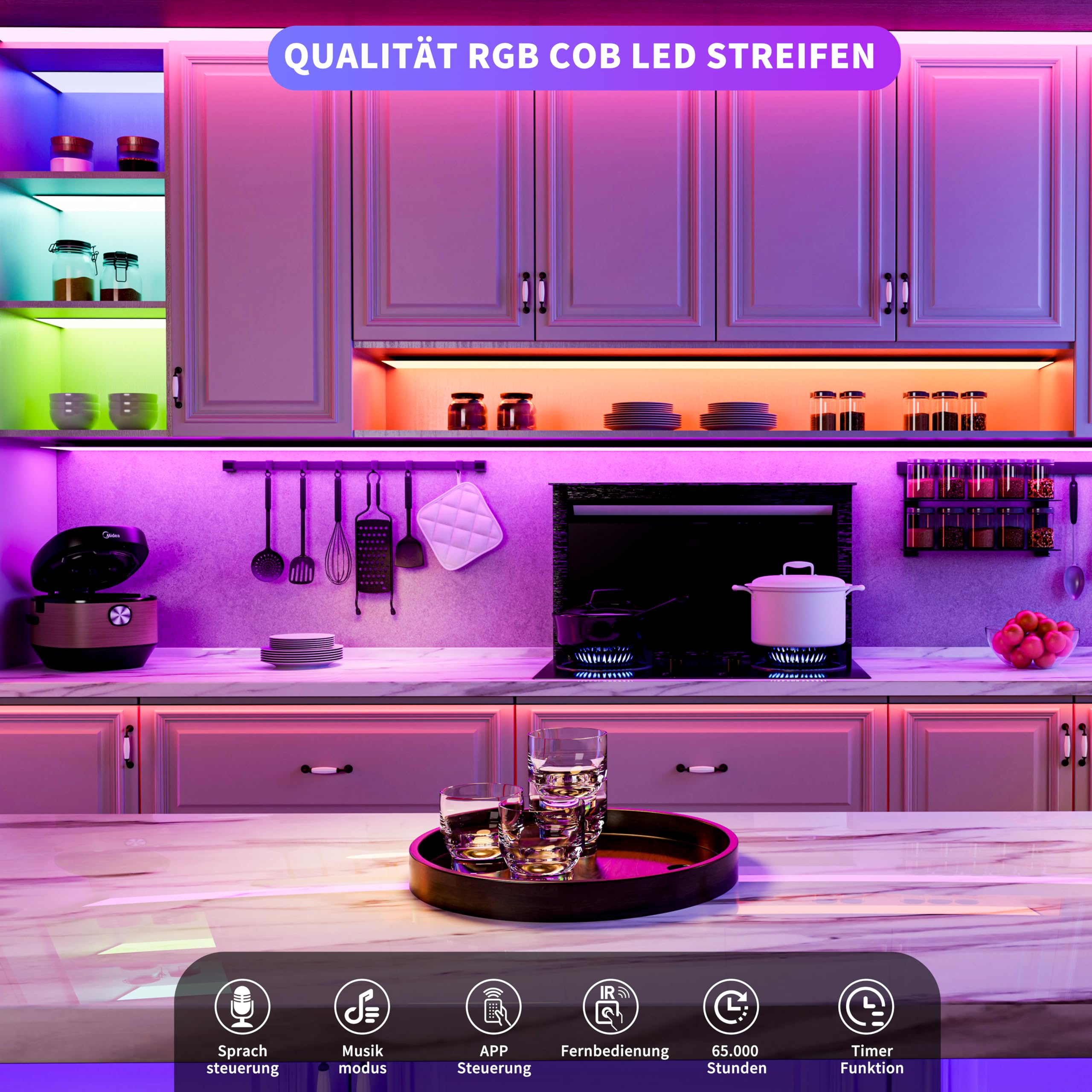 OULARA RGB COB LED Streifen 10M,24V Dimmbar LED Strip RGB Farbe Wechsel,Flexibles RGB LED Band Funktioniert mit Alexa/Google Assistant/Tuya für Küche,Schlafzimmer,Party DIY Dekoration