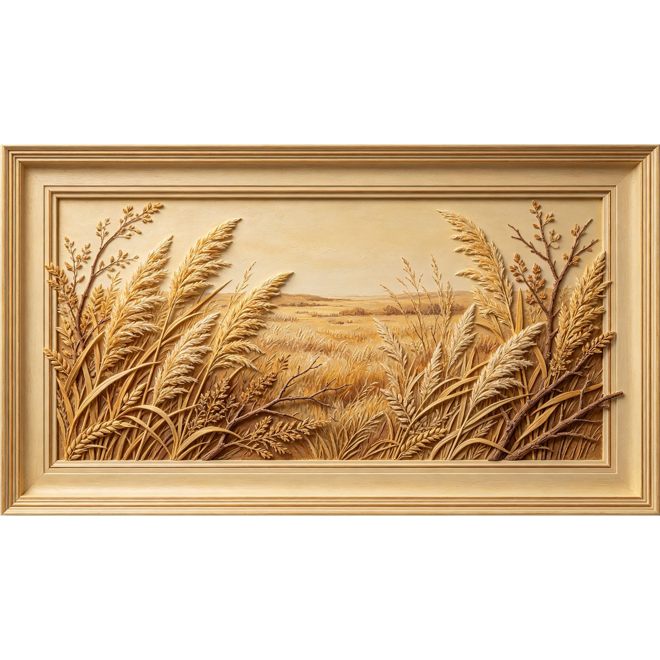QZLITHOTIC 50×90cm3D Framed Wall Art， Golden Wheat Field Farmhouse Mural， WaterActivated Peel & Stick Fabric Decor Wall Decal for Bedroom Living Room， Textured Nature Landscape