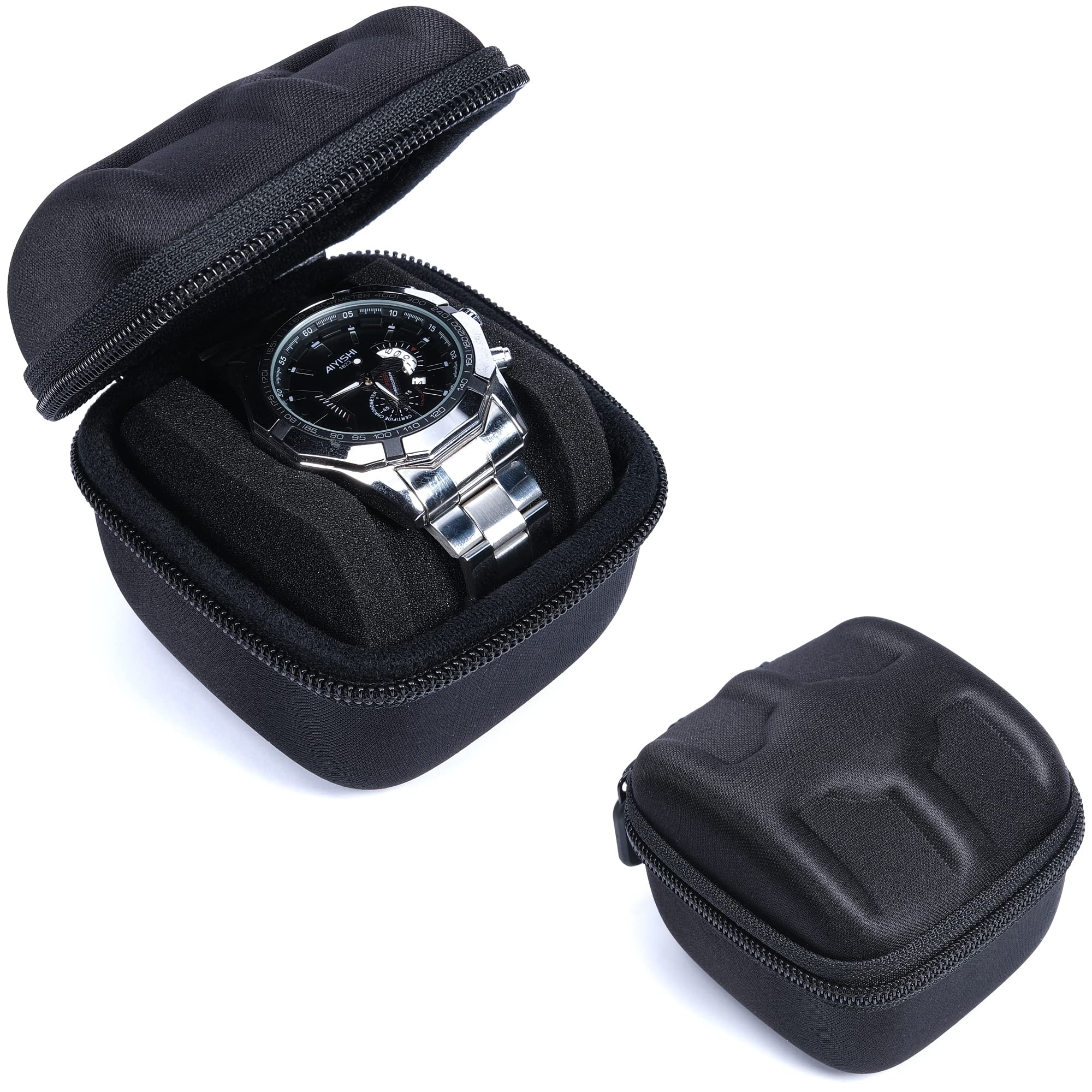 Hard Single Watch Travel Case, Portable Zipper Storage And Organizer For Men, With Soft Anti-Move Pillow (Black 1 Slot)