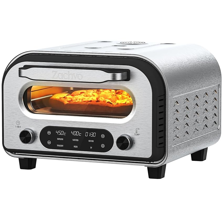 ZACHVO Forno per pizza elettrico - fino a 450℃, 5 tipi di pizza preimpostati, touchscreen e manopole rotanti, timer da 1 a 60 minuti, corpo in acciaio inossidabile, per pizza da 32 cm