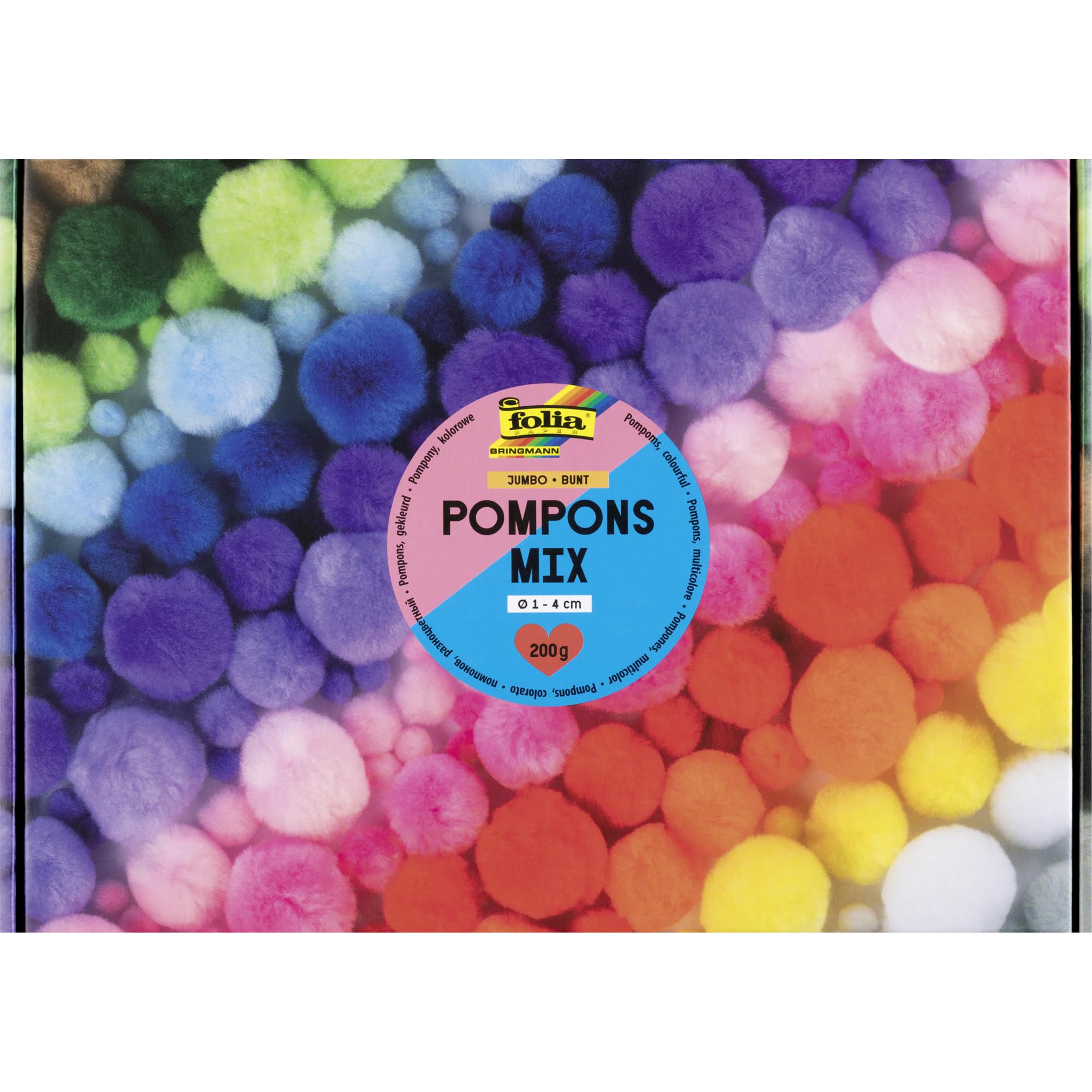 folia 50209 50209 Pompoms Mix Jumbo Colourful, 200 g Pompoms in 15 Colours, Approx. 900 Plush Balls, Crafts, Decorate and Decorate, Multicoloured, Diameter 1-4 cm