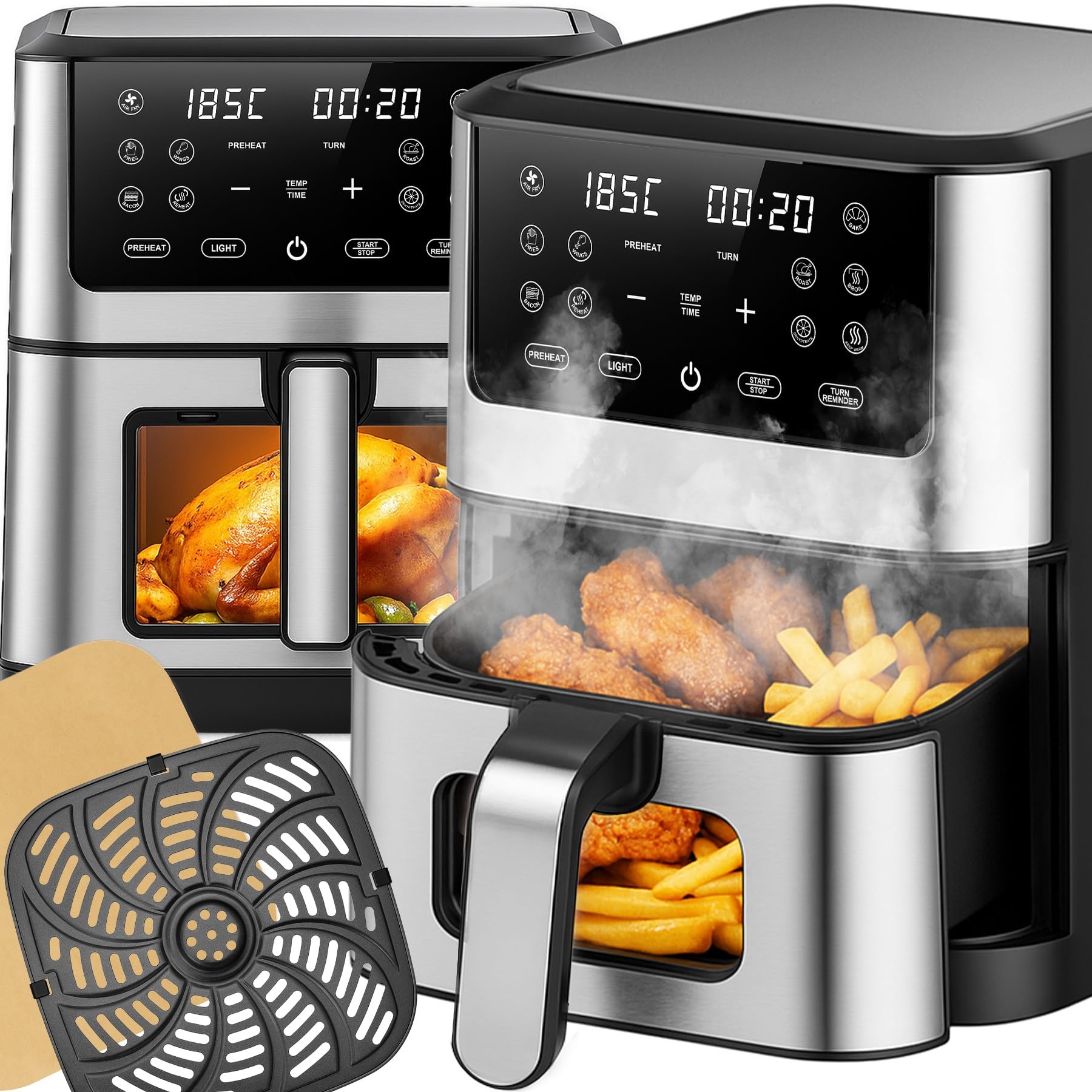 Retoo Heißluftfritteuse 8L XXL Airfryer 1800W, 14 Programme Bis Max 200 °C, Fritteuse Ohne Öl Mit Sichtfenster Und Touchscreen, Keramikbeschichtung Für Gleichmäßiges Garen, Gesundes Kochen Grillen