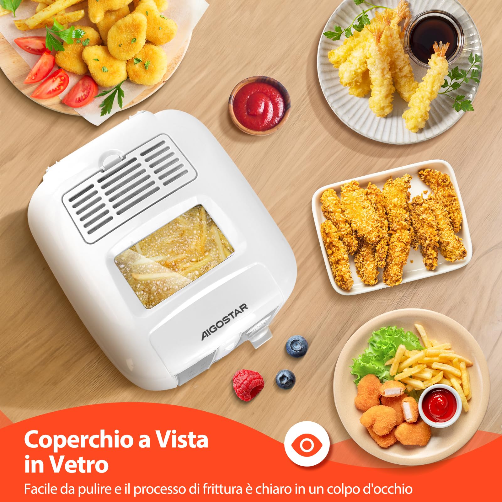 Aigostar Indra 30HEX - Friggitrice 1650Watts, Capacità 2,5Litri con finestra, Controllo di temperatura, Indicatori Luminasi. BPA assente