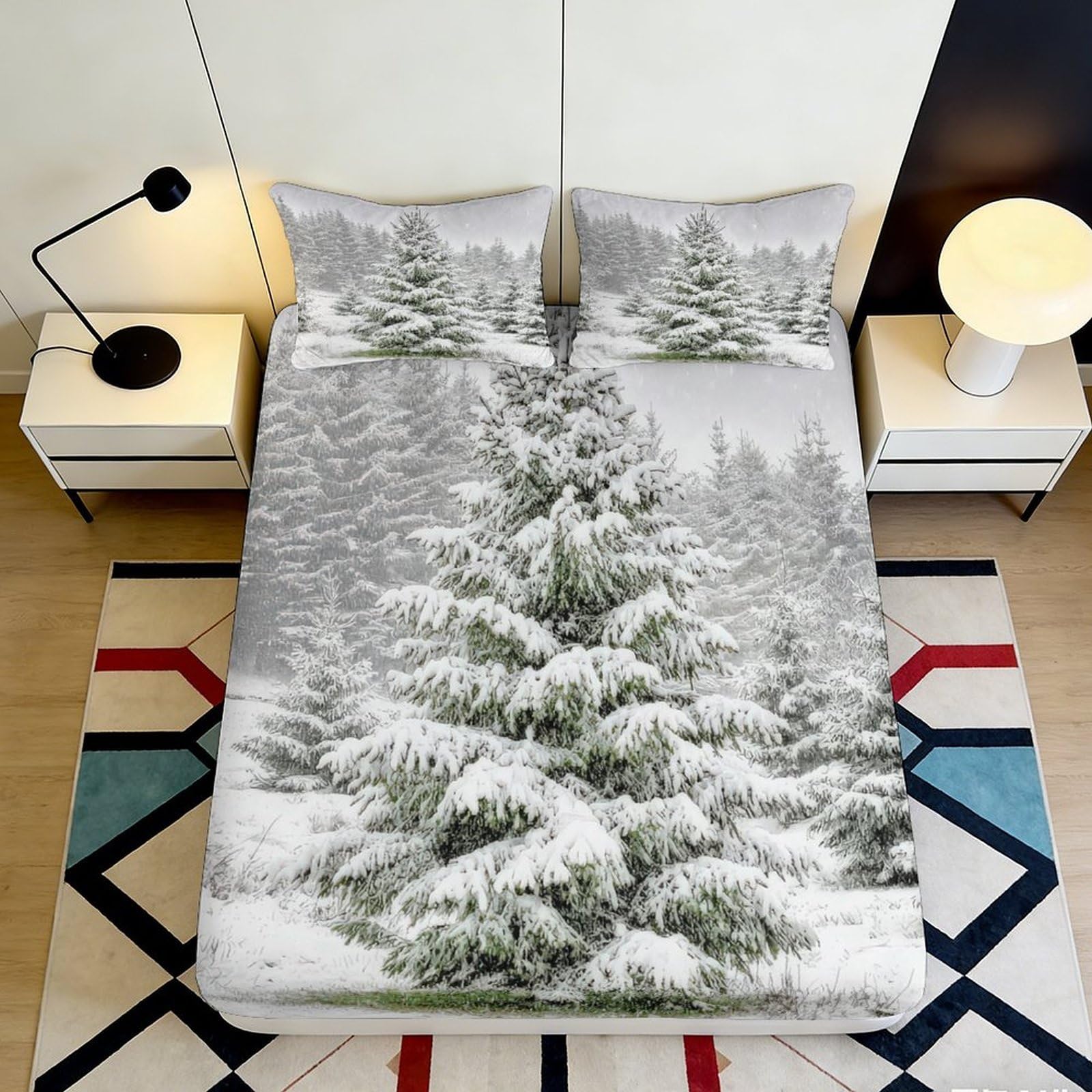 3D Printed Snowy Pine Forest Fitted Sheet Microfiber Soft Breathable Winter Landscape Bed Cover for Bedroom Guest Room Decor 90x200x25cm