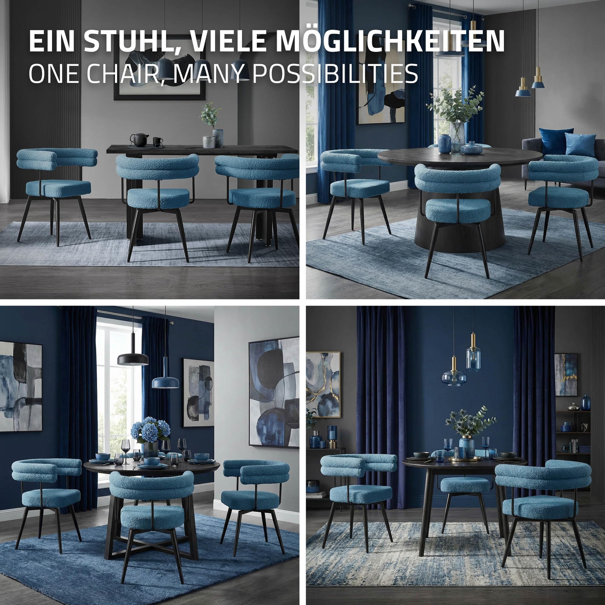 ML-Design Set di 4 Sedie da Sala da Pranzo Girevoli a 360° in Tessuto Teddy Blu, Poltrone da Soggiorno con Braccioli e Schienale Imbottito, Sedili Moderni Ergonomici con Gambe in Metallo per Ufficio