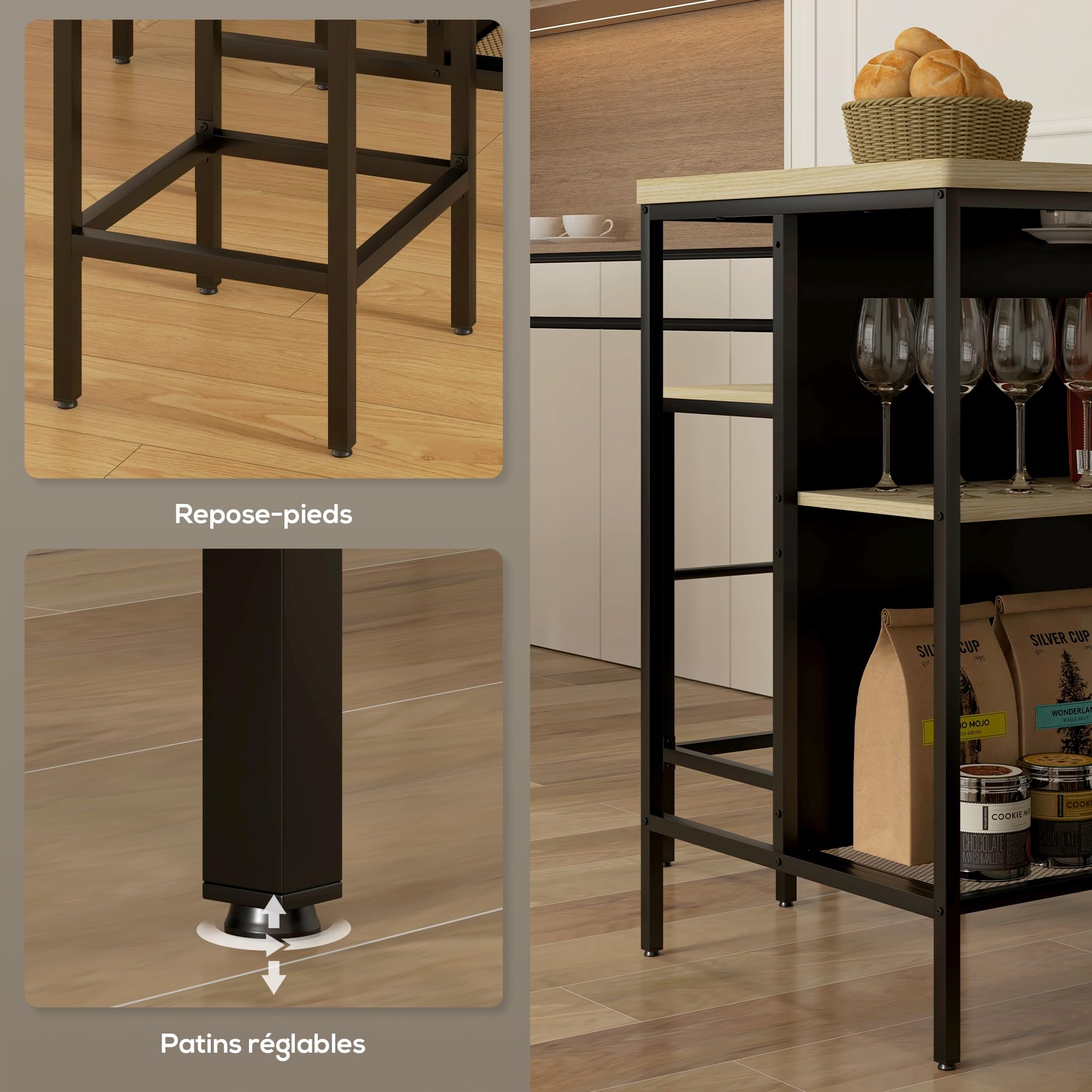 HOMCOM Ensemble Table de Bar et 2 tabourets avec Repose-Pieds, étagère de Rangement, Style Industriel, métal Noir et Aspect Bois