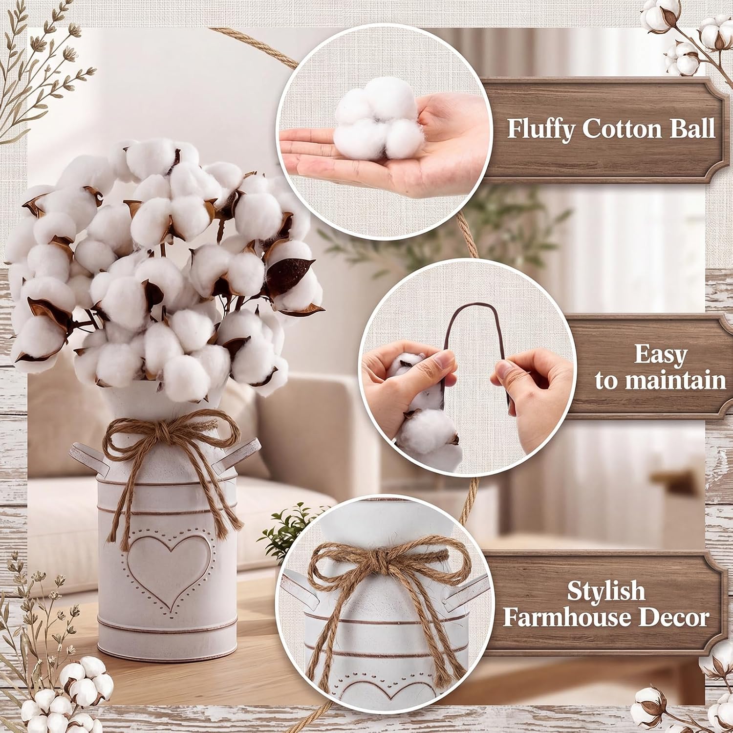 2 Pack 7.5" High Decorative Vase with 10 Pcs Cotton Stems, Cotton Flowers in Vase, Rustic Sprigs for Fillers Decor Branches Table Centerpieces Decorations and DIY Crafts