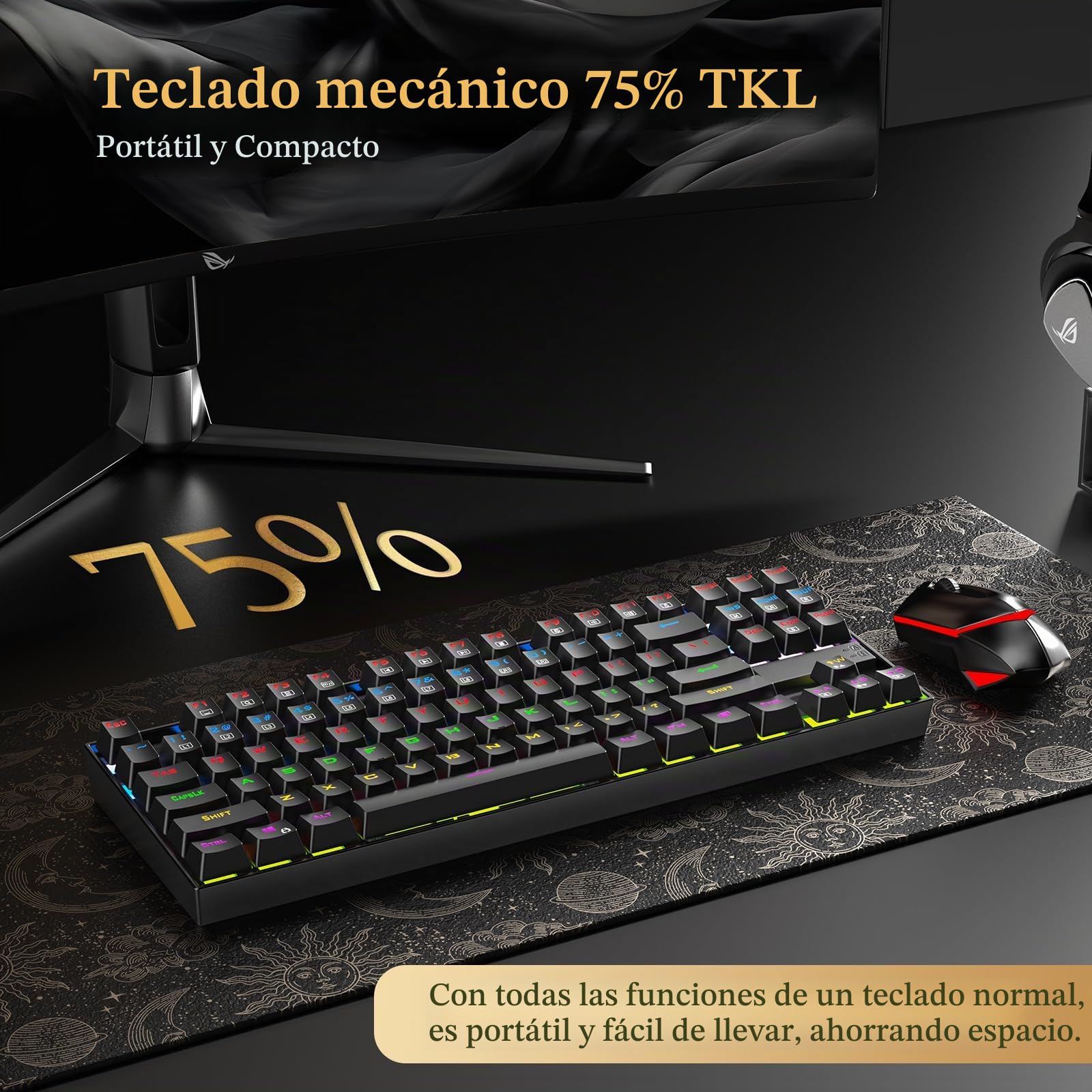 Redragon K552 Teclado para Juegos RGB 87 Teclas mecánico RGB retroiluminado LED arcoíris Teclado de Ordenador sin Llave Diseño Compacto Interruptores Azules para Juegos en PC Windows (disposición