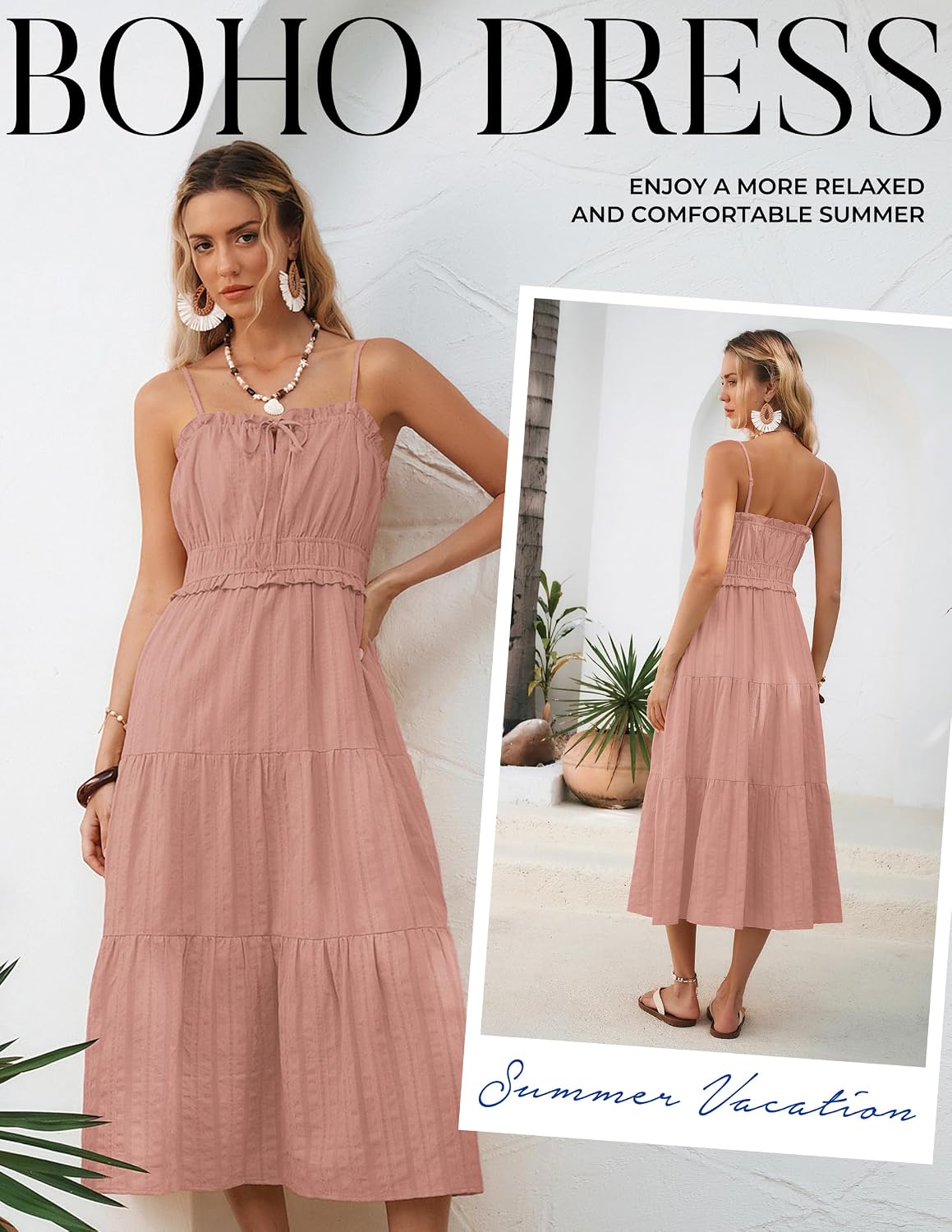 Kate Kasin Women Summer Casual Midi Dresses 2026, Spaghetti Strap Sleeveless Elastic Waist Sundress, Boho Beach Dress Pockets