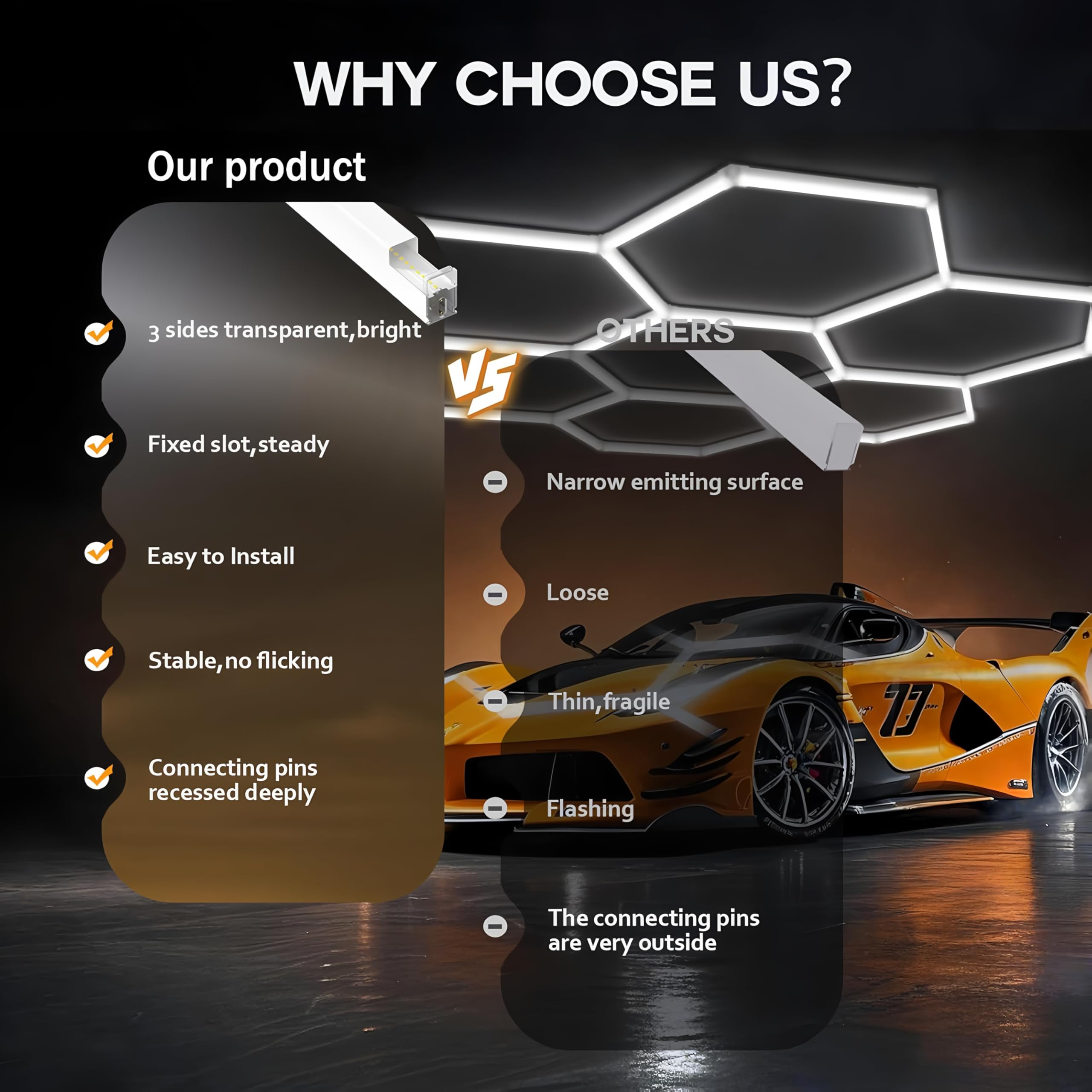 14-Hexagon LED Garage Light 600W 60 800LM Honeycomb Ceiling Light with T5 Tube Rectangle 6500K Ultra Bright Hexagon — view 5