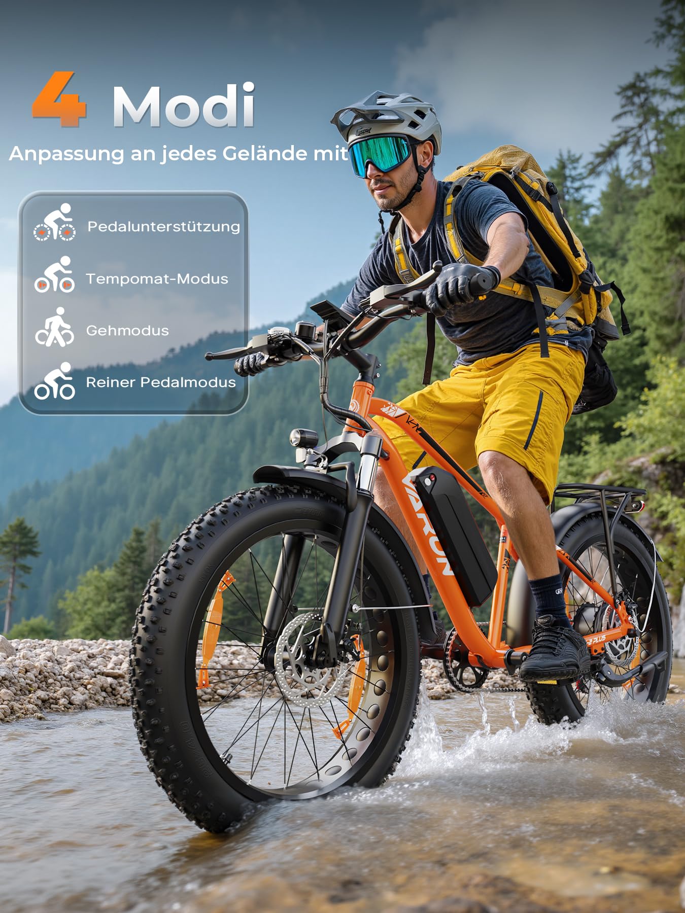 VARUN E Bike, E-Bike Herren mit 26 * 4.0" Fat Tire, 48V 18AH Akku, Bis zu 150 KM, 85Nm 250W Motor, 25KM/H, Offroad Ebike Mountainbike mit 7-Gang, All-Terrain Elektrofahrrad Herren, EU-Konformes