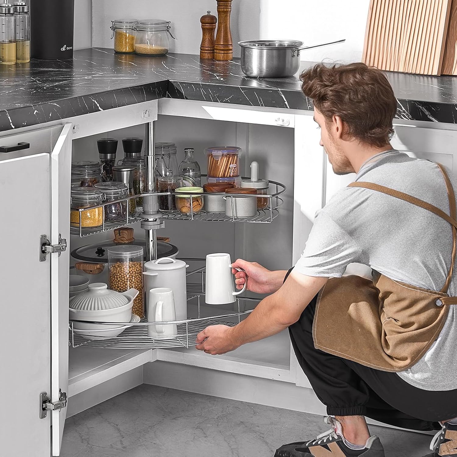 VEVOR 31.5" Kidney Shaped Chrome Corner Organizer, 360° Rotatble Kitchen Base Cabinet Blind Corner, 2 Tier Height Adjustable Storage Rack, Carbon Steel Lazy Susan Replacement Shelf for Cabinet Corner