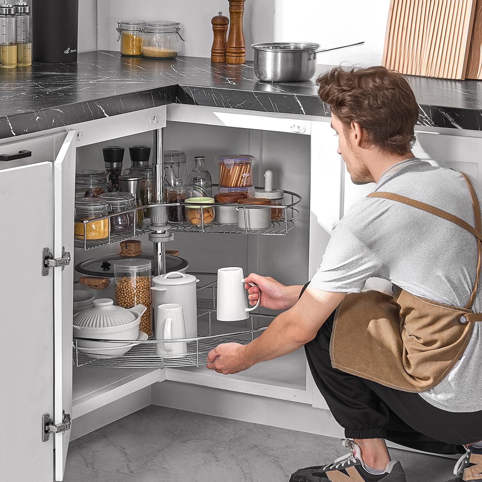 VEVOR Plateau Tournant pour Meuble d'Angle 80 cm 2 Niveaux, Tourniquet de Cuisine Rotatif à 360°, Étagère Pivotante pour Placard d’Angle Réglable en Hauteur, en Acier au Carbone, Rangement Cuisine