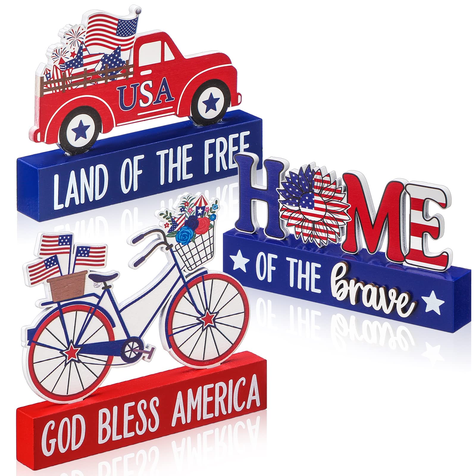 3 Pcs 4th of July Decorations Wooden Patriotic Decor American Flag Bike Red Truck Decor USA Flag Truck Box Sign America Home Wood Sign Rustic Farmhouse Memorial Day Block Independence Day Table Decor
