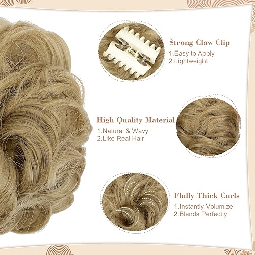 Miniatura 3 de Leterly Moño desordenado, extensiones de cabello sintético con clip de garra, para mujer, color rubio ceniza