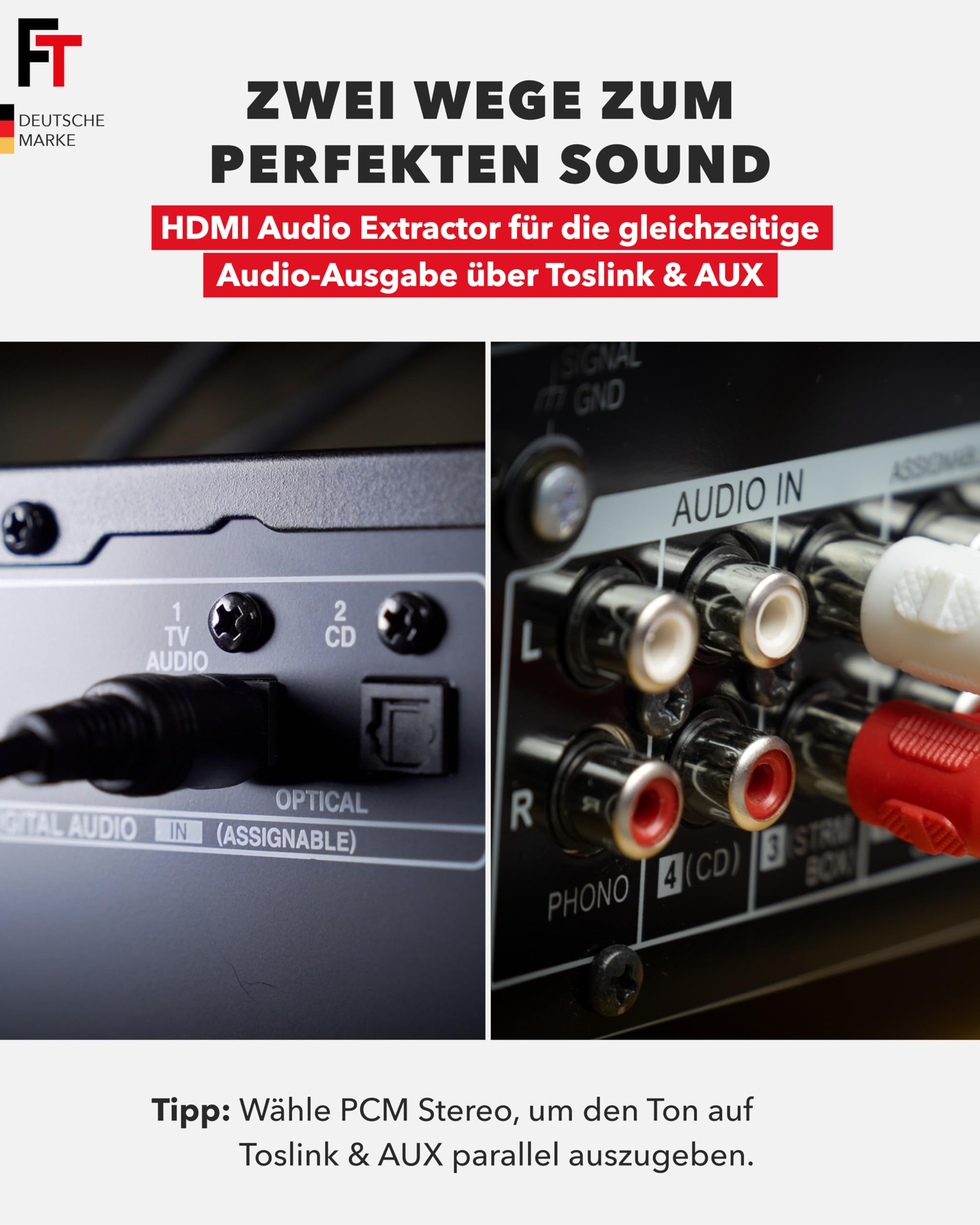 FeinTech AX210 HDMI 2.1 Audio Extractor 4K 120Hz 8K VRR ALLM, HDMI-Out + Audio (Optisch Toslink 5.1 + AUX Stereo), CEC-Pass und ARC Unterstützung von TV zu Soundsystem