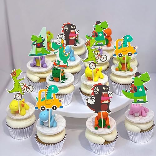 Miniatura 6 de Gyufise Paquete de 36 adornos para cupcakes de dinosaurio, lindos adornos para baby shower, dinosaurios, cupcakes para dinosaurios, niños,