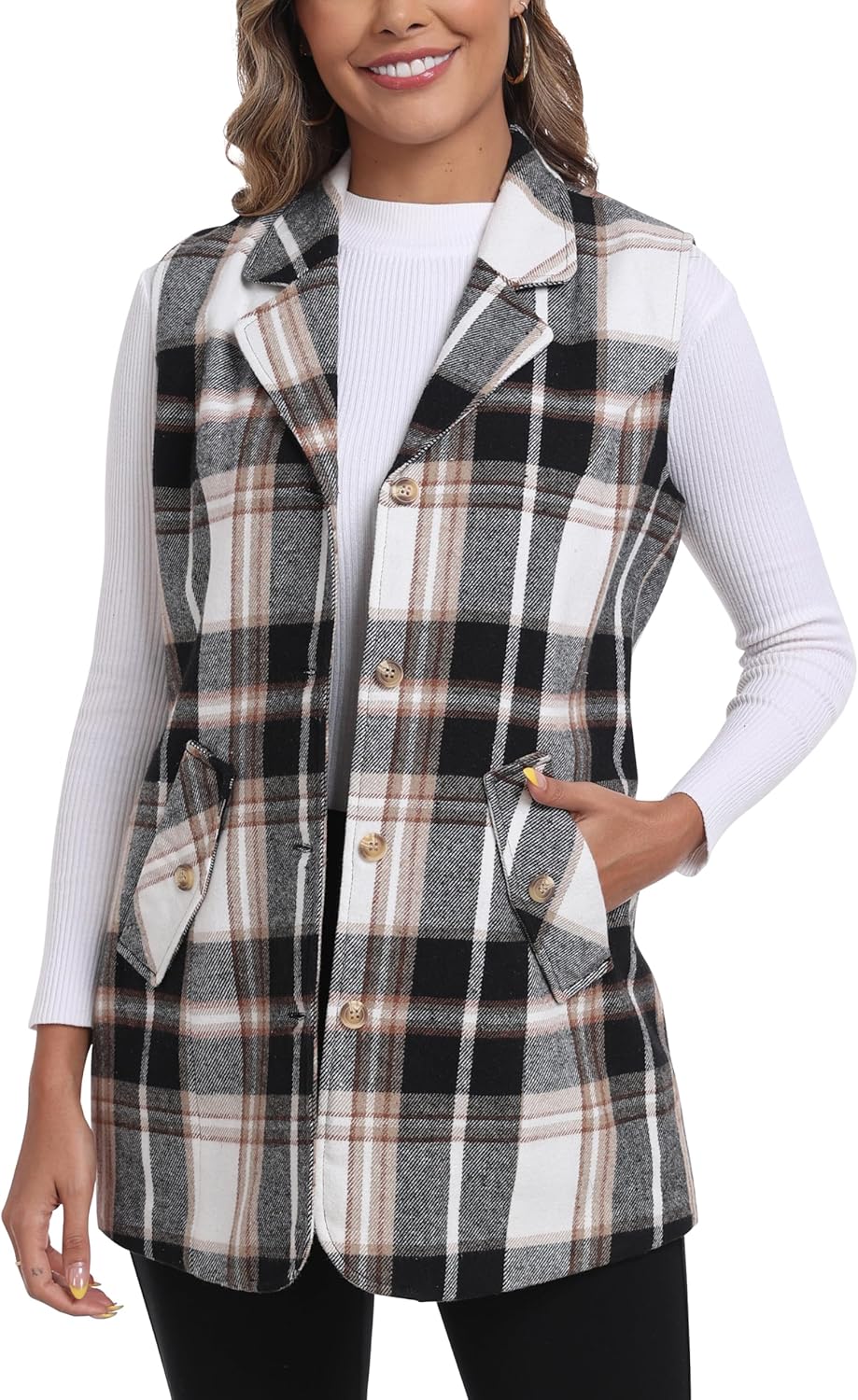 MoFiz Womens Long Flannel Plaid Vest Fall Winter Button Down Sleeveless Blazer Jackets Cardigan Coat Outerwear With Pockets