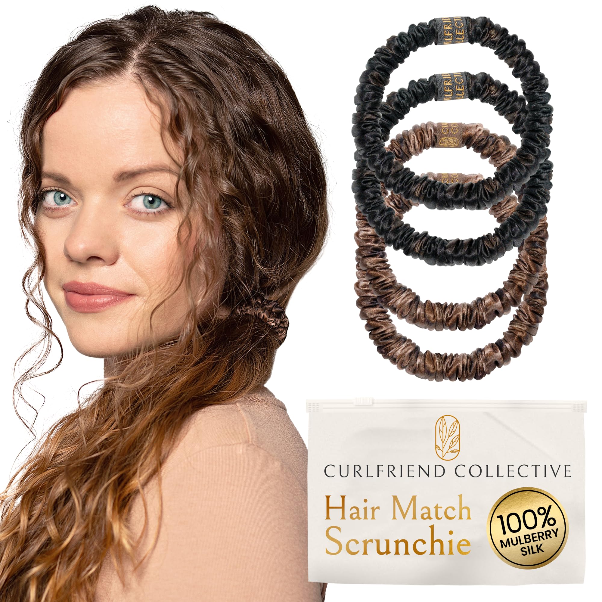 Mulberry Silk Skinny Hair Match Scrunchies for Women, Anti-Breakage Hair Ties for Curly, Thick & Thin Hair, 100% Silk, Satin Hair Scrunchies for Buns