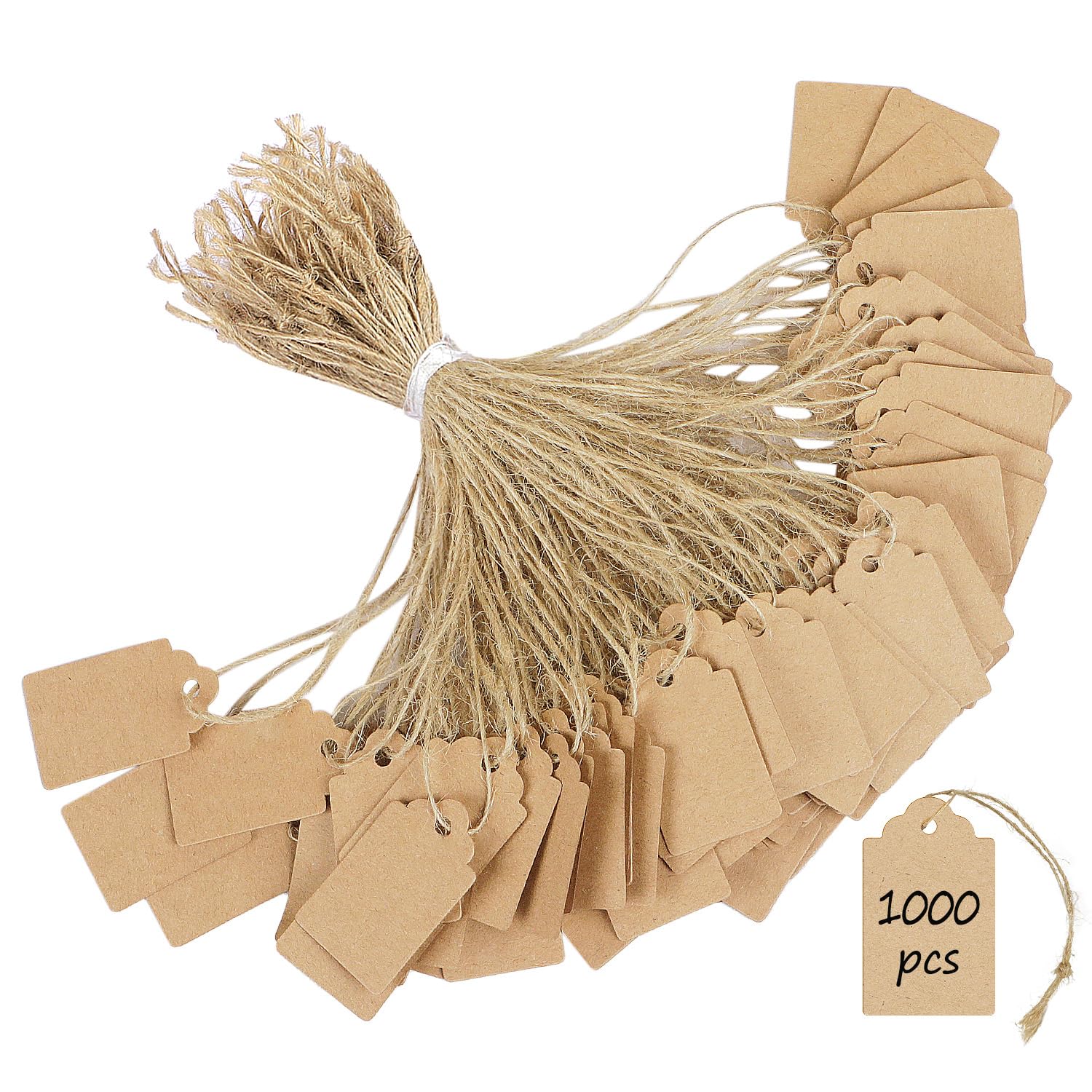 Uniclife 1000 Pcs Price Tags with String Attached Writable Brown Kraft Paper Tag with Jute Twine Hang Tag Price Display Labels for Clothing Jewelry Blank Merchandise Marking Tags, 1 3/8" x 7/8"