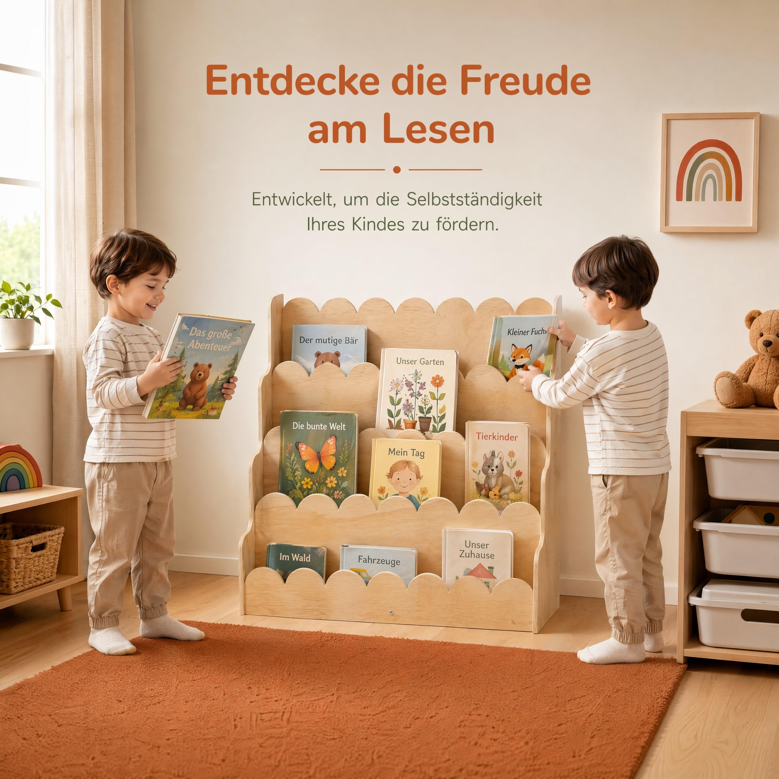 Kinderbuchregal aus Holz mit Wellenkanten, Frontal-Bücherregal mit 5 Ebenen