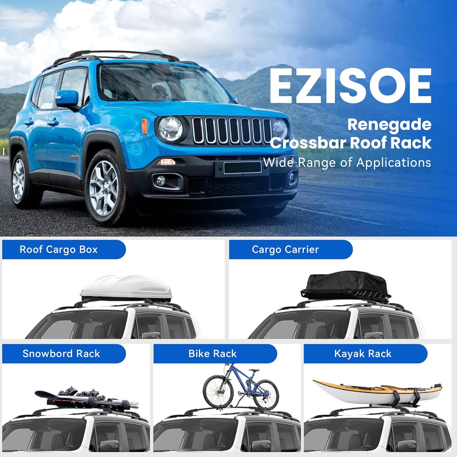 Roof Rack Crossbars Compatible with 2015-2024 Renegade with Side Rails, Black Matte Crossbars for Roof Cargo, Canoe Kayak, Bike, Skiboard