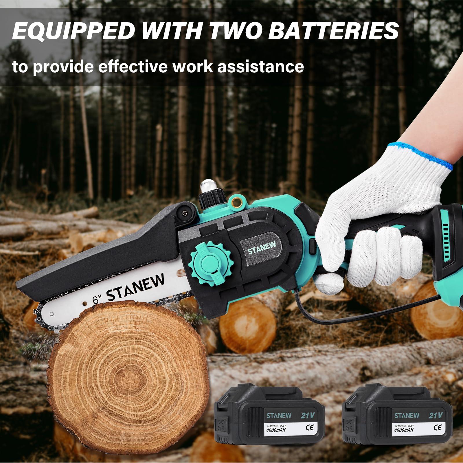 STANEW Mini-kettingzaag met accu, borstelloos, 6 inch of 20 inch, 600 W, elektrische kettingzaag, borstelloze motor, 2 accu's 2 Ah, voor tuinieren, boomgrootte, hout snijden