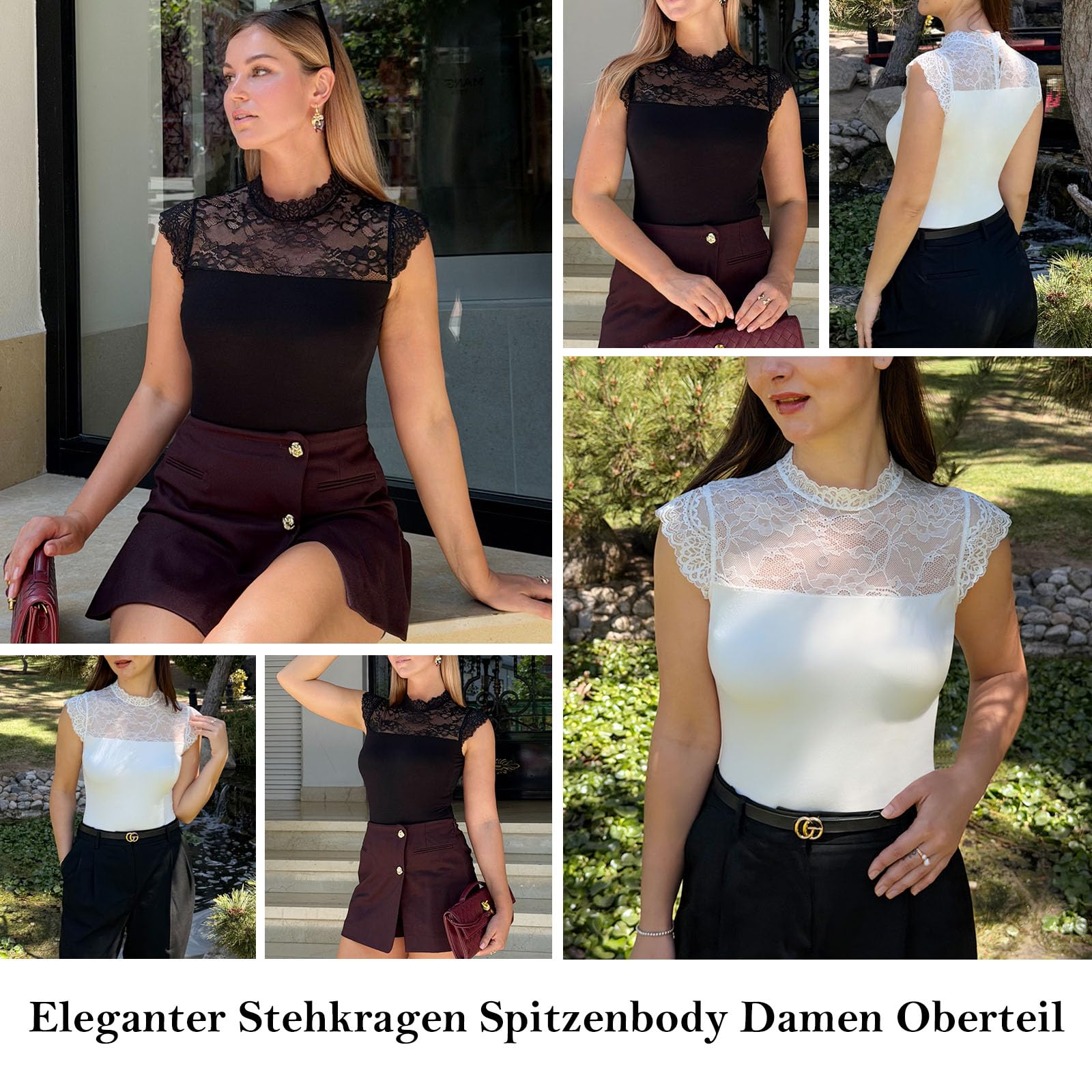 Joyshaper Body da donna in pizzo elegante con scollo alto, con volant e maniche corte