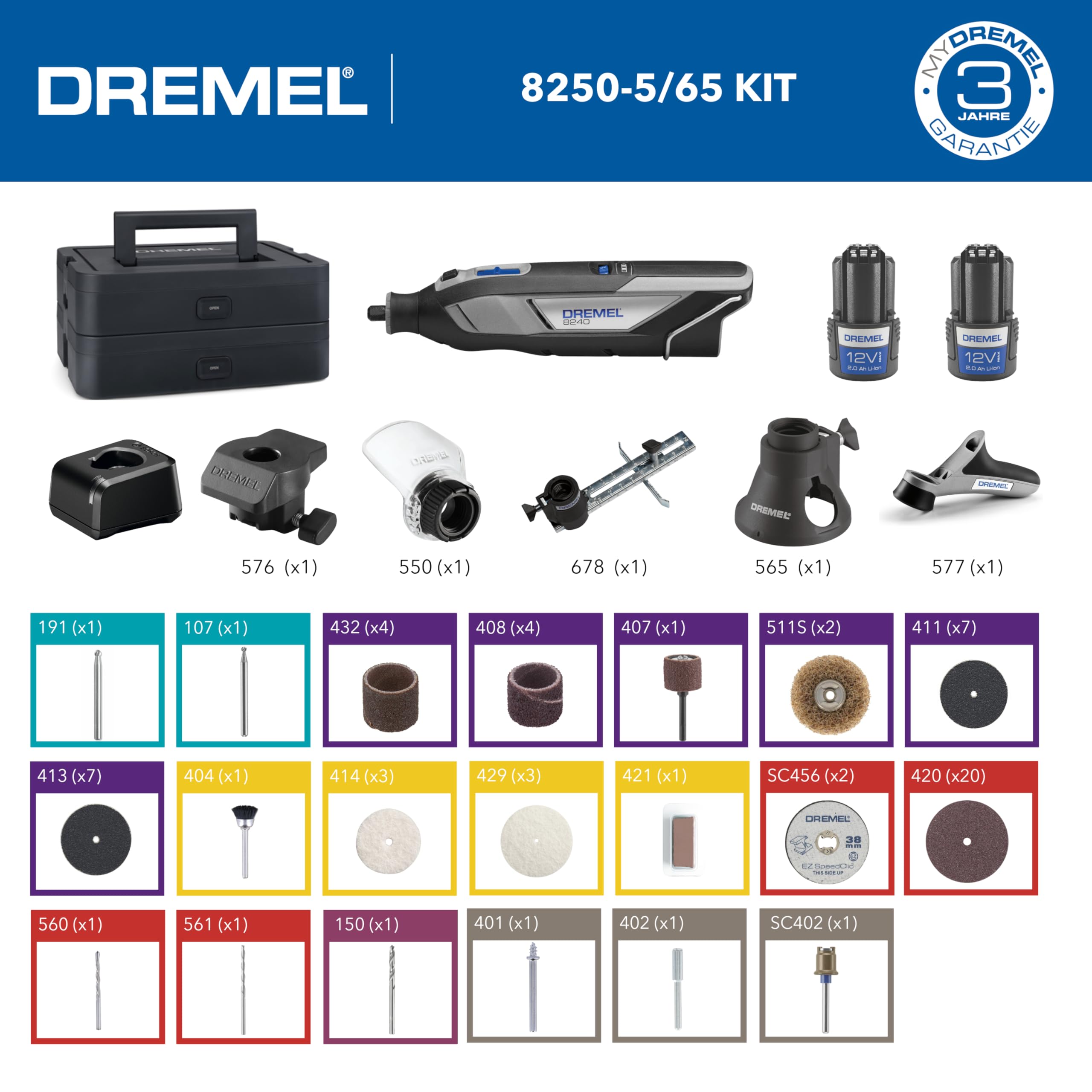 Dremel 8240 Akku-Multitool 12V 2Ah Set mit 2 Akkus, 5 Aufsätzen, 65 Zubehören