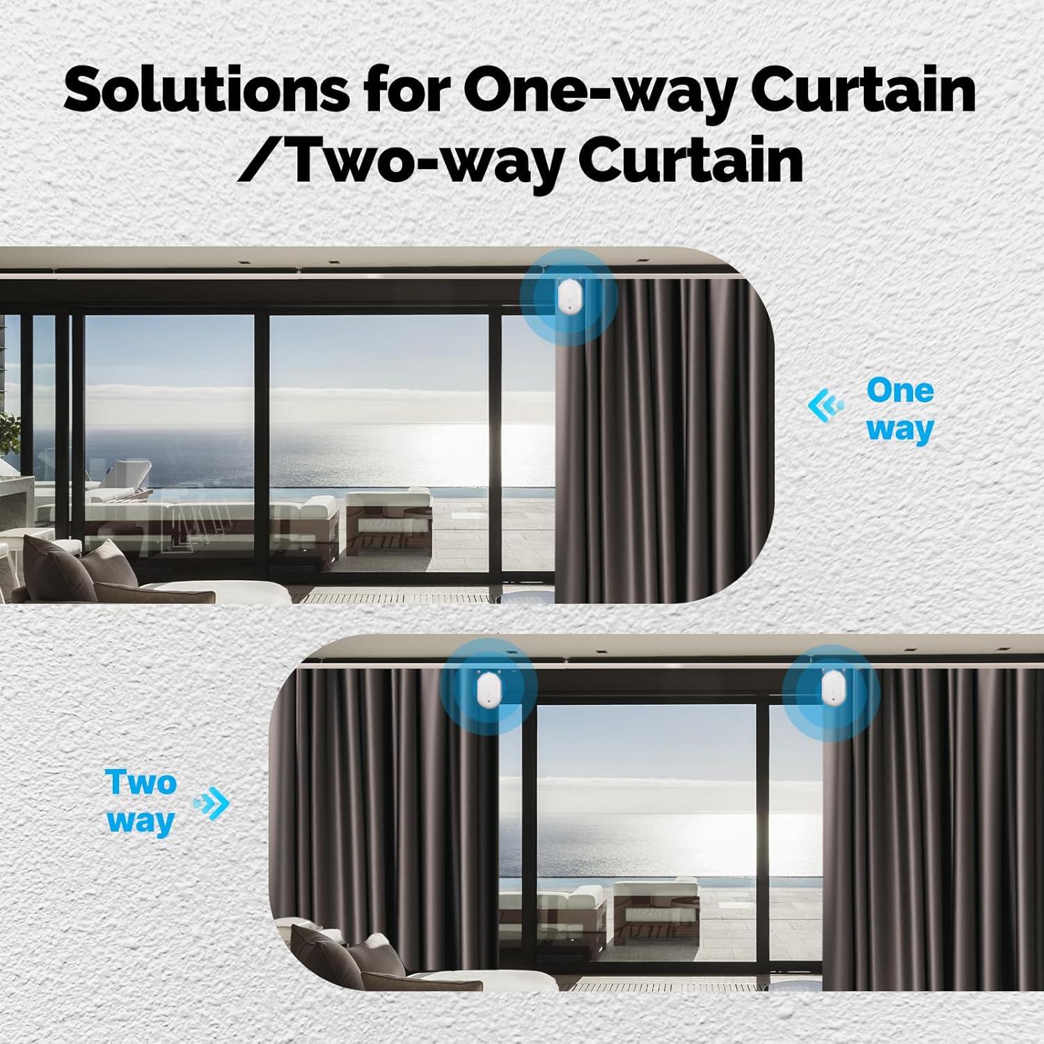 Diagram showing configurations for one-way and two-way curtain solutions using one or two curtain robots.