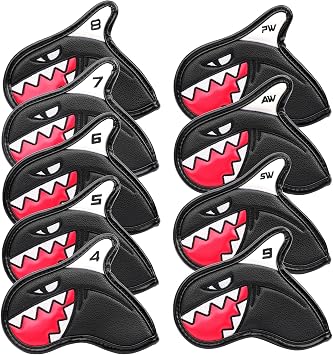 Black 9pcs Golf Iron Head Covers with Shark Design Iron Headovers Wedges Covers 4-9 ASP