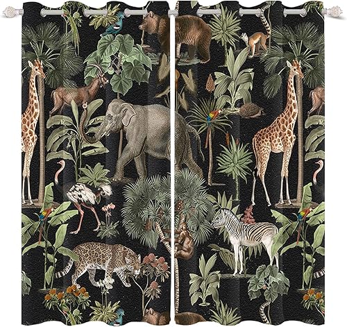 Vista 13 de Yeele Cortinas de 21 x 45 pulgadas para niños, diseño de animales de safari con ojales, estampado de selva de dibujos animados, aislamiento térmico