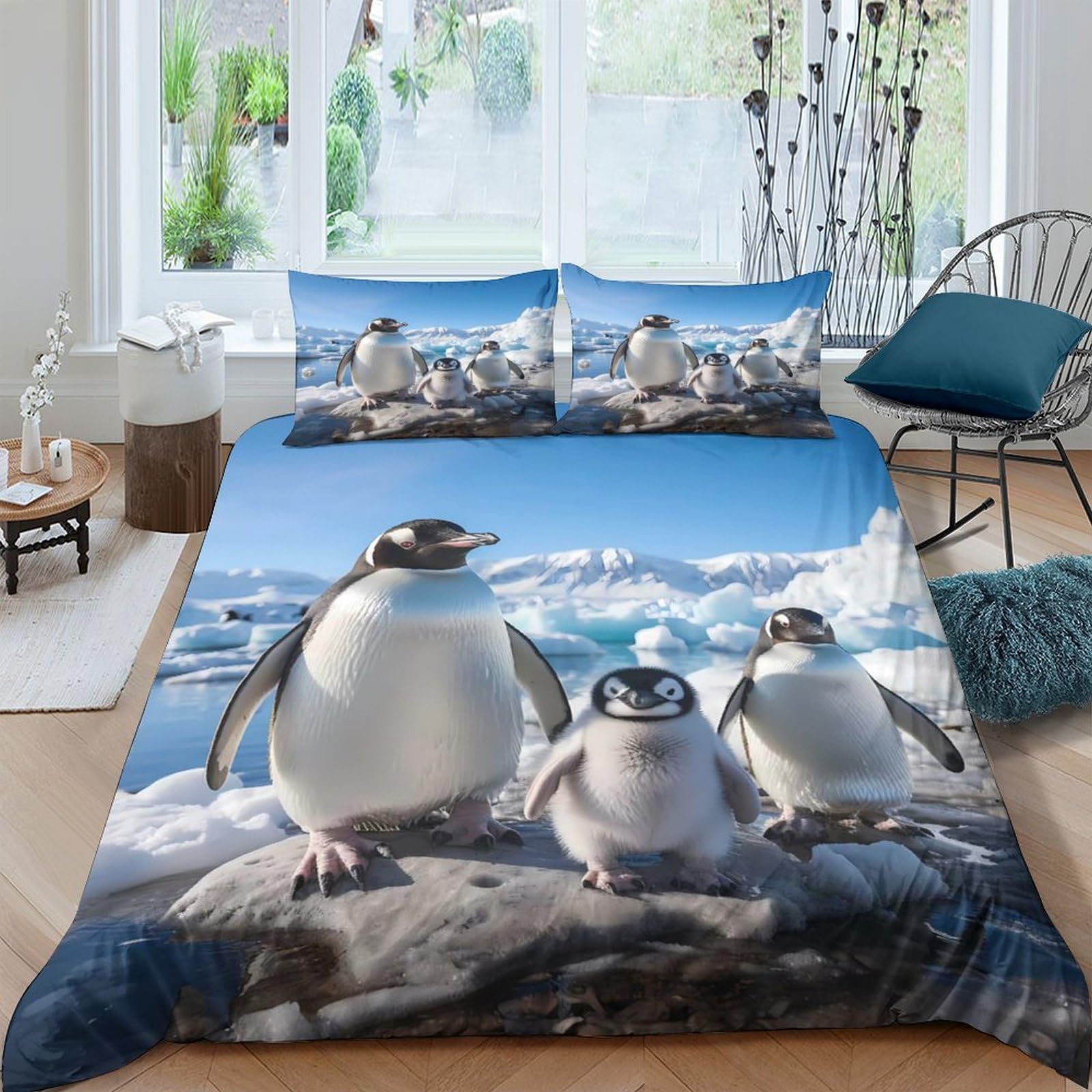 Ctjqhvkz Style-1 3D Printed Penguin Family Fitted Sheet Microfiber Soft Blue Antarctic Mattress Cover Bedroom Decor Dorm Bed Protection Single（135X200cm）