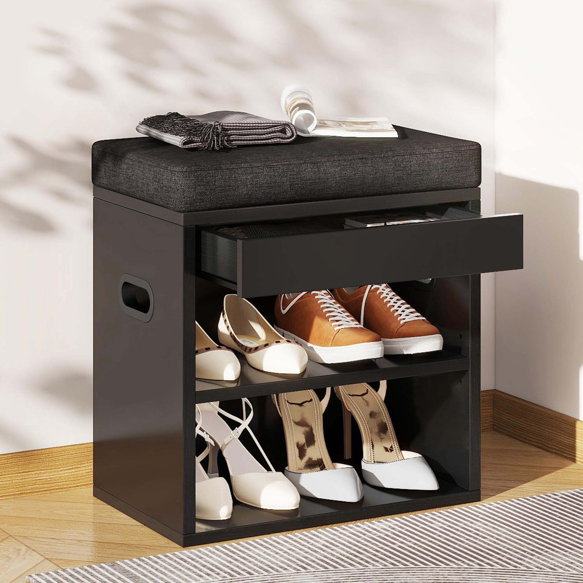 YMYNY Small Shoe Storage Bench with Cushion and Drawer, 2 Tier Adjustable Shoe Bench Storage with Seat, Wooden Shoe Rack Bench for Entryway, Living Room, Hallway, Closet, Bedroom, Black, HSC002B