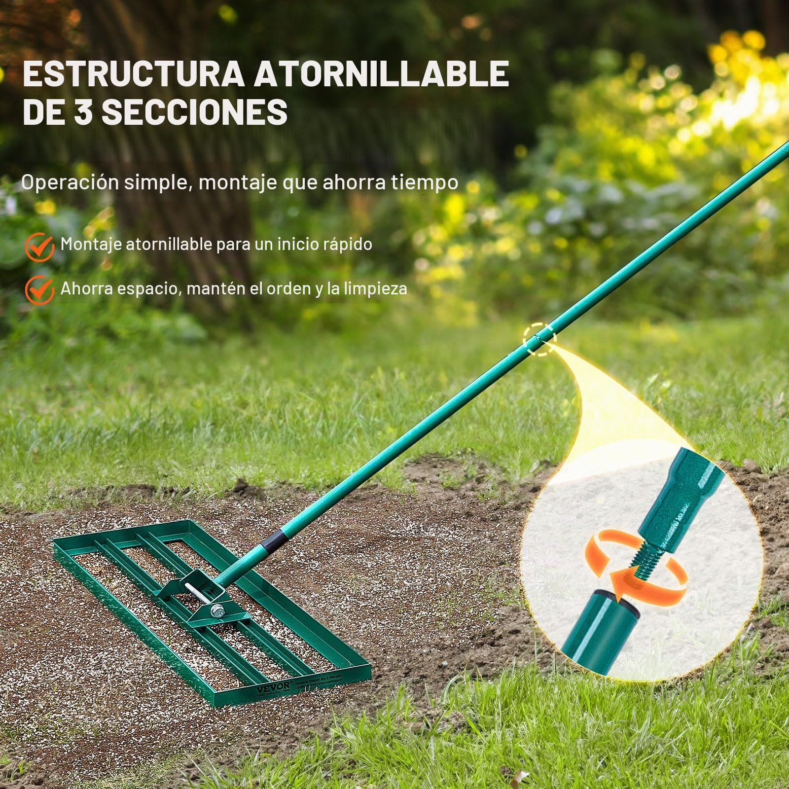 VEVOR Rastrillo Nivelador de Césped de 914x254 mm, Mango de Acero, Placa Base de 1981 mm, Rastrillo Nivelador de Suelo Resistente de Aleación de Aluminio para Césped, Golf, Patio, Campos de Jardín