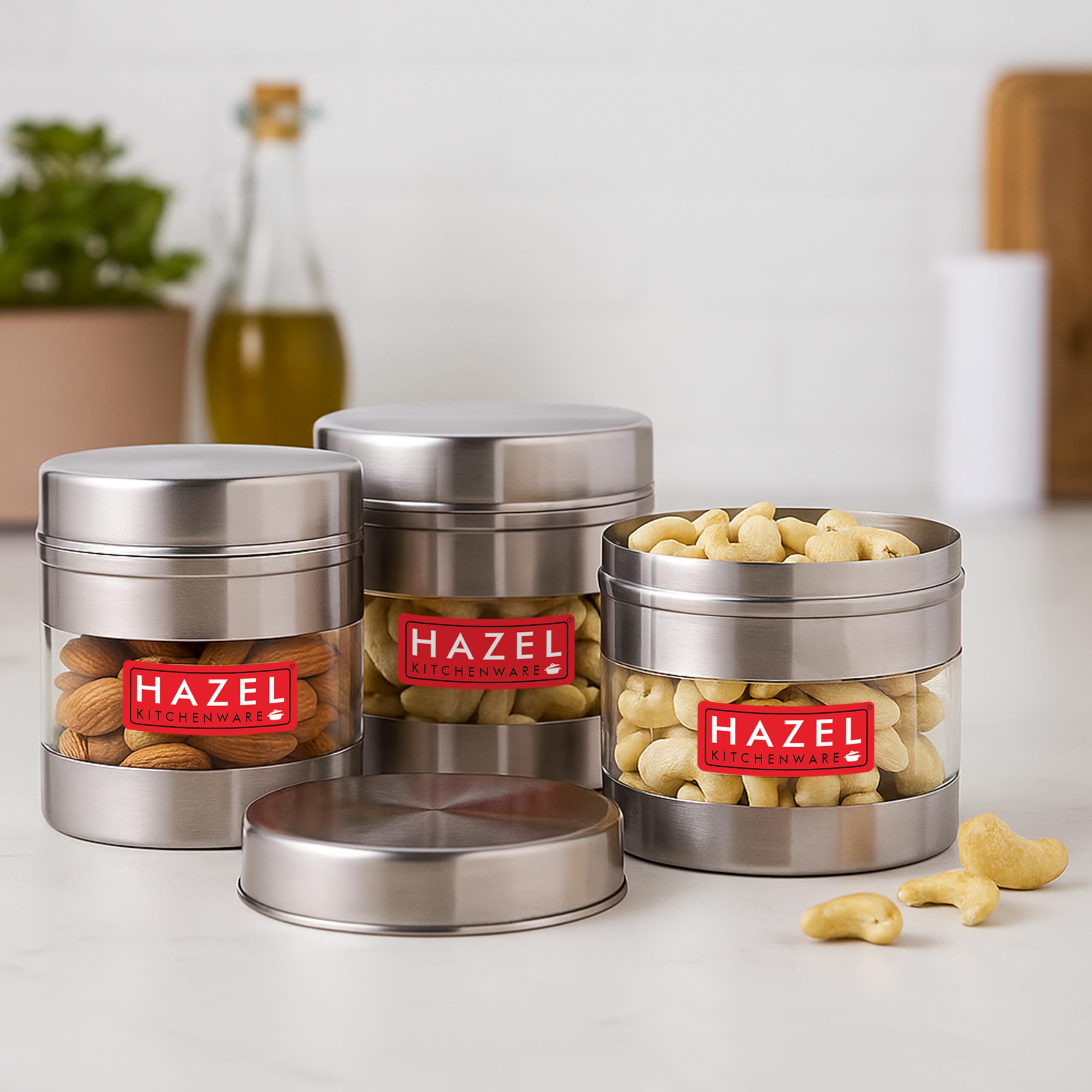 HAZEL Stainless Steel Transparent Wide Mouth See Through Container, Silver, Set of 3, 500 ml Each