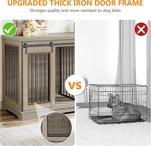 Miniatura 5 de Mueble de jaula doble 2 en 1 para perros con divisor de 60.6 pulgadas, soporte de TV resistente gris con 2 puertas correderas y marco de puerta de