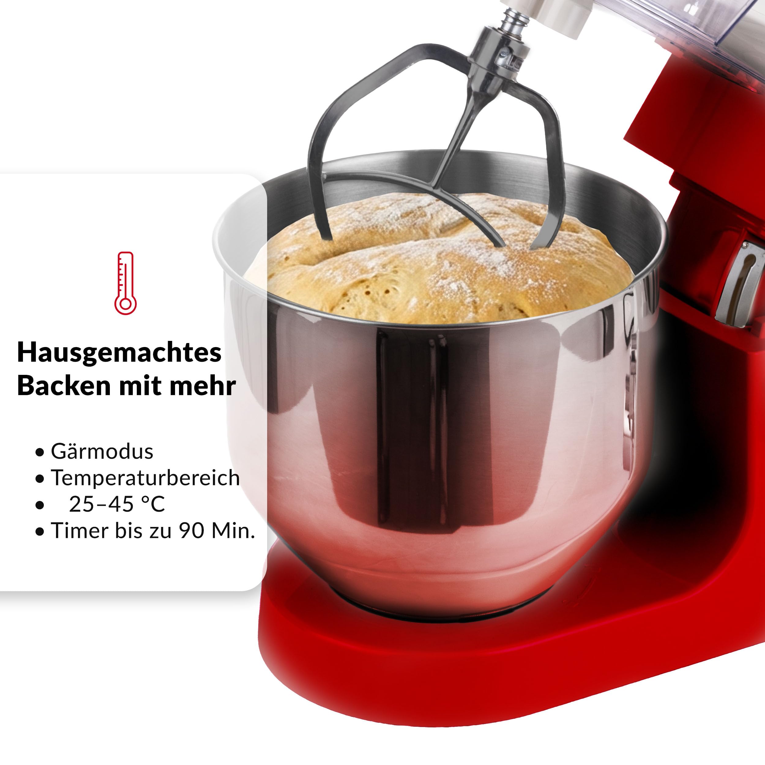 LEHMANN Teyles Multifunktions-Küchenmaschine 8L 2100W mit Waage & Heizschüssel, Planetarische Knetmaschine für Brot- & Pizzateig, 1,5-Liter-Mixer, Fleischwolf, Touchdisplay, Rot