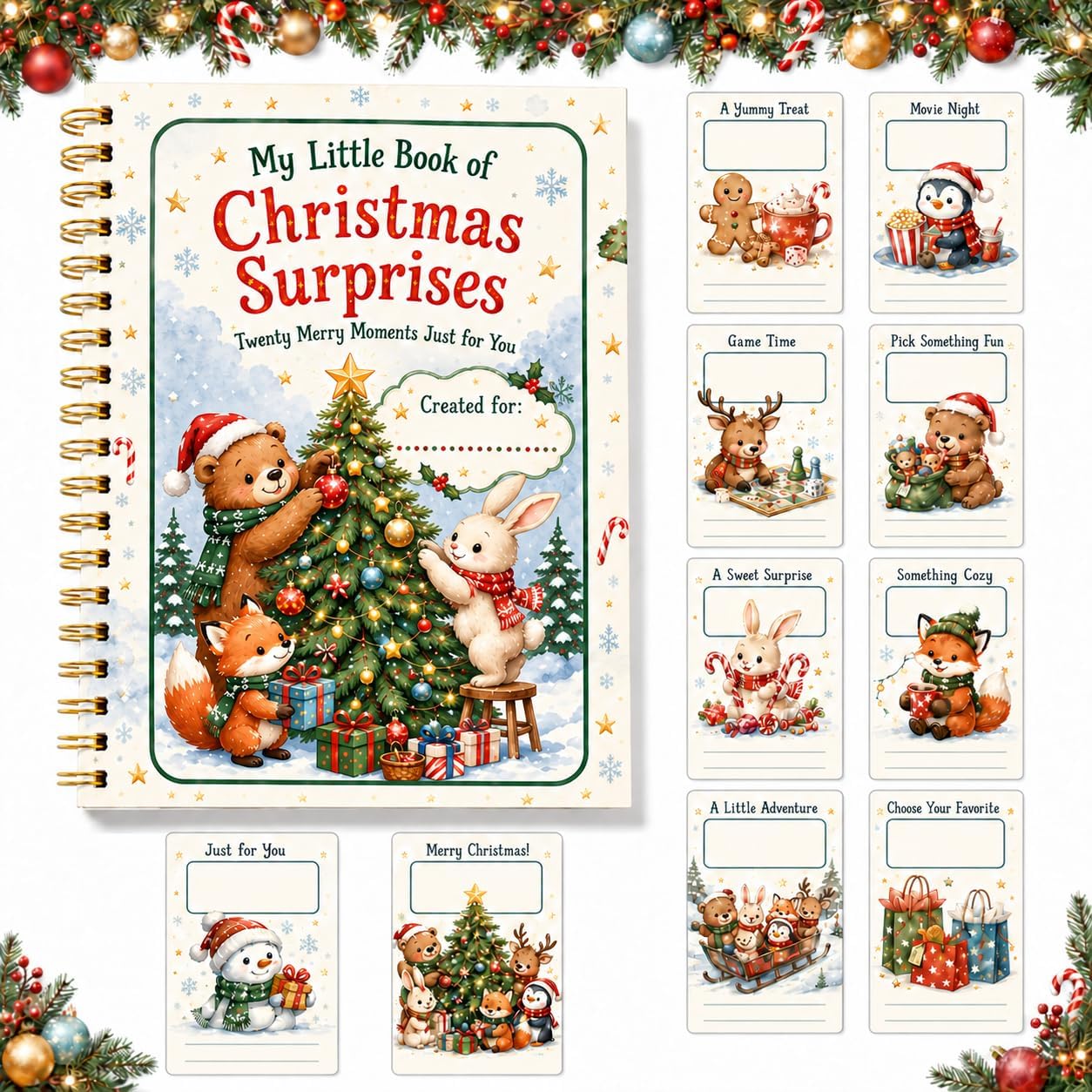 Kids Christmas Gift Card Book, 20 Unique Themes, Adhesive Dots, 7 x 5 In