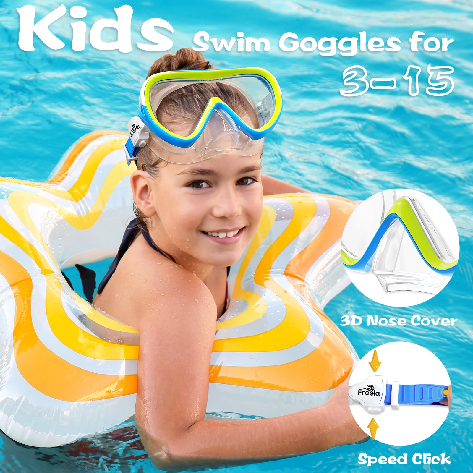 Freela Kinder-Schwimmbrille für Kinder von 3–15 Jahren mit Nasenabdeckung, gehärtetes Glas, Anti-Beschlag-Beschichtung, kein Auslaufen, Tauchmaske, 180° klare Sicht