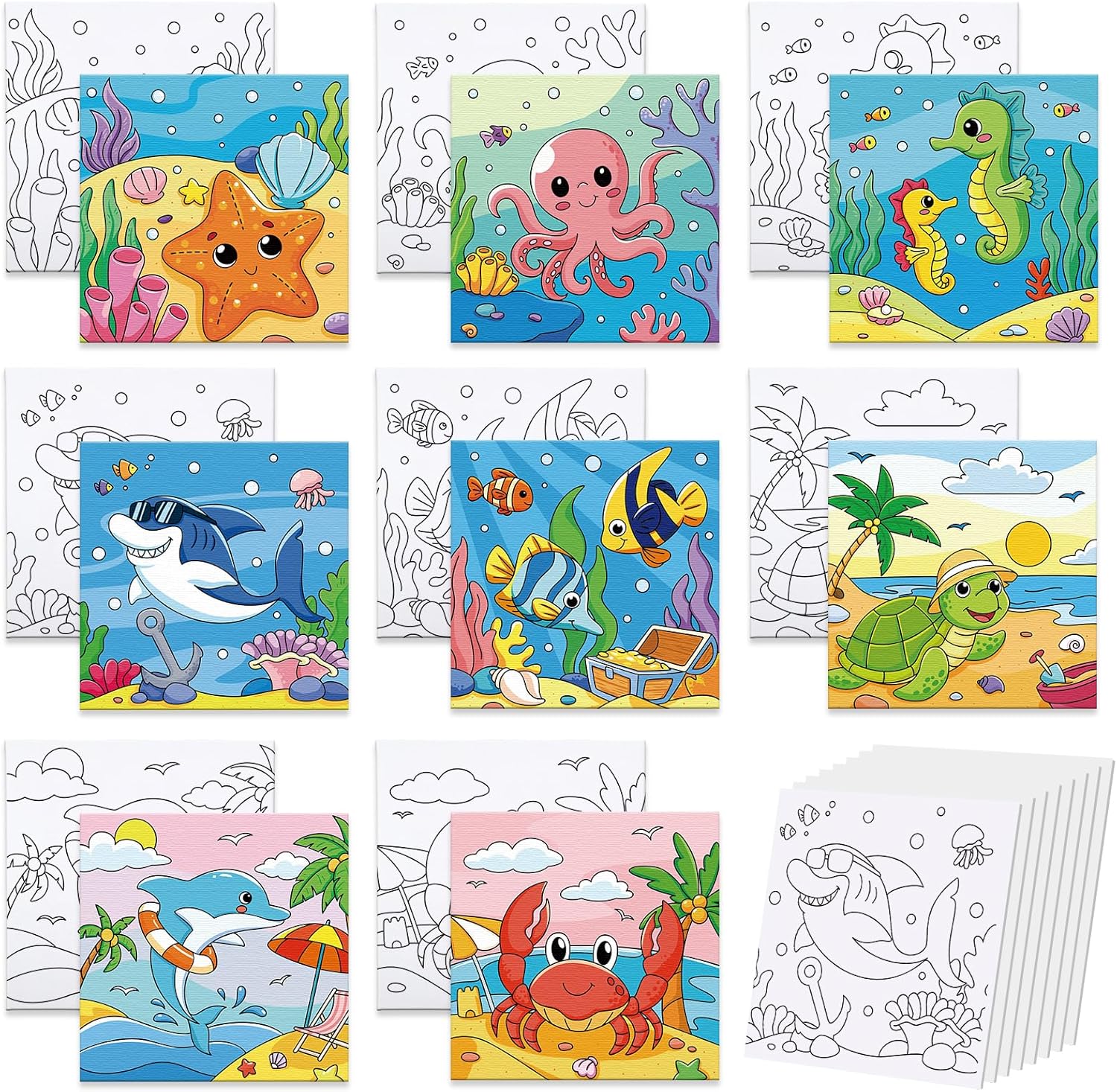 8 Pack Pre Drawn Canvas for Painting, 8" X 8" Cute Animals Painting Canvas Bulk, Art Canvases for Painting for Kids Students School Home (Ocean)