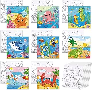 8 Pack Pre Drawn Canvas for Painting, 8" X 8" Cute Animals Painting Canvas Bulk, Art Canvases for Painting for Kids Students School Home (Ocean)