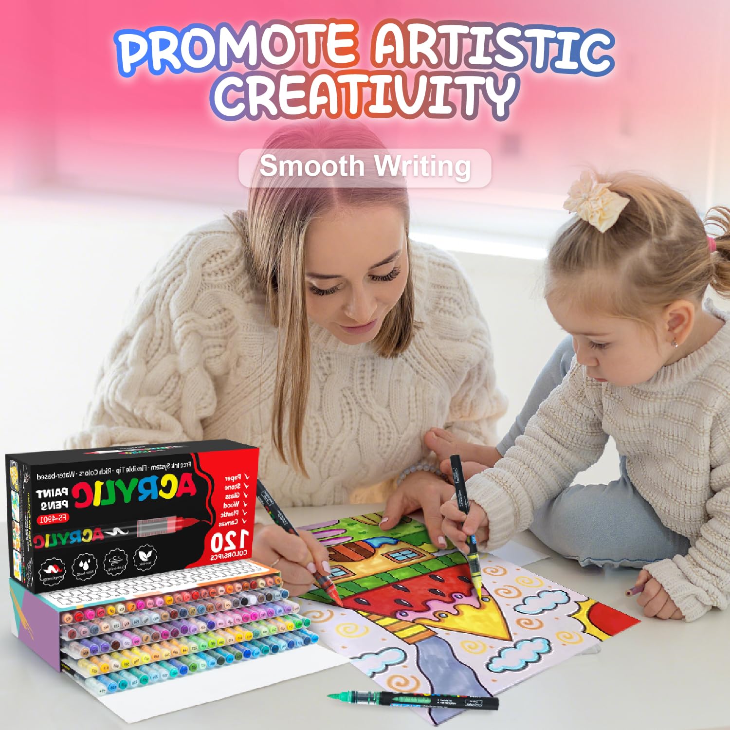 snookids 120 kolorowych pisaków akrylowych do kamieni, wodoodporne, szybkoschnące, akrylowe markery do drewna, płótna, tkaniny, szkła, metalu, papieru, ceramiki, jajek wielkanocnych, akrylowych, dla