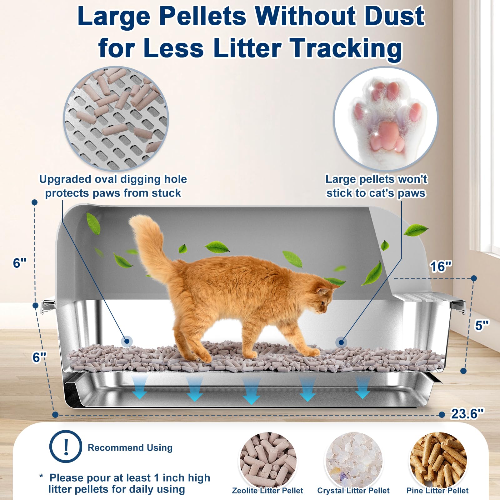 23.6"x15.7"x6" Stainless Steel Litter Box with Lid, XL Sifting Litter Box for Pine Pellets with Removable Drawer Pan for Easy Cleaning, High Sides Large Metal Litter Box System for Big Cats - image 5