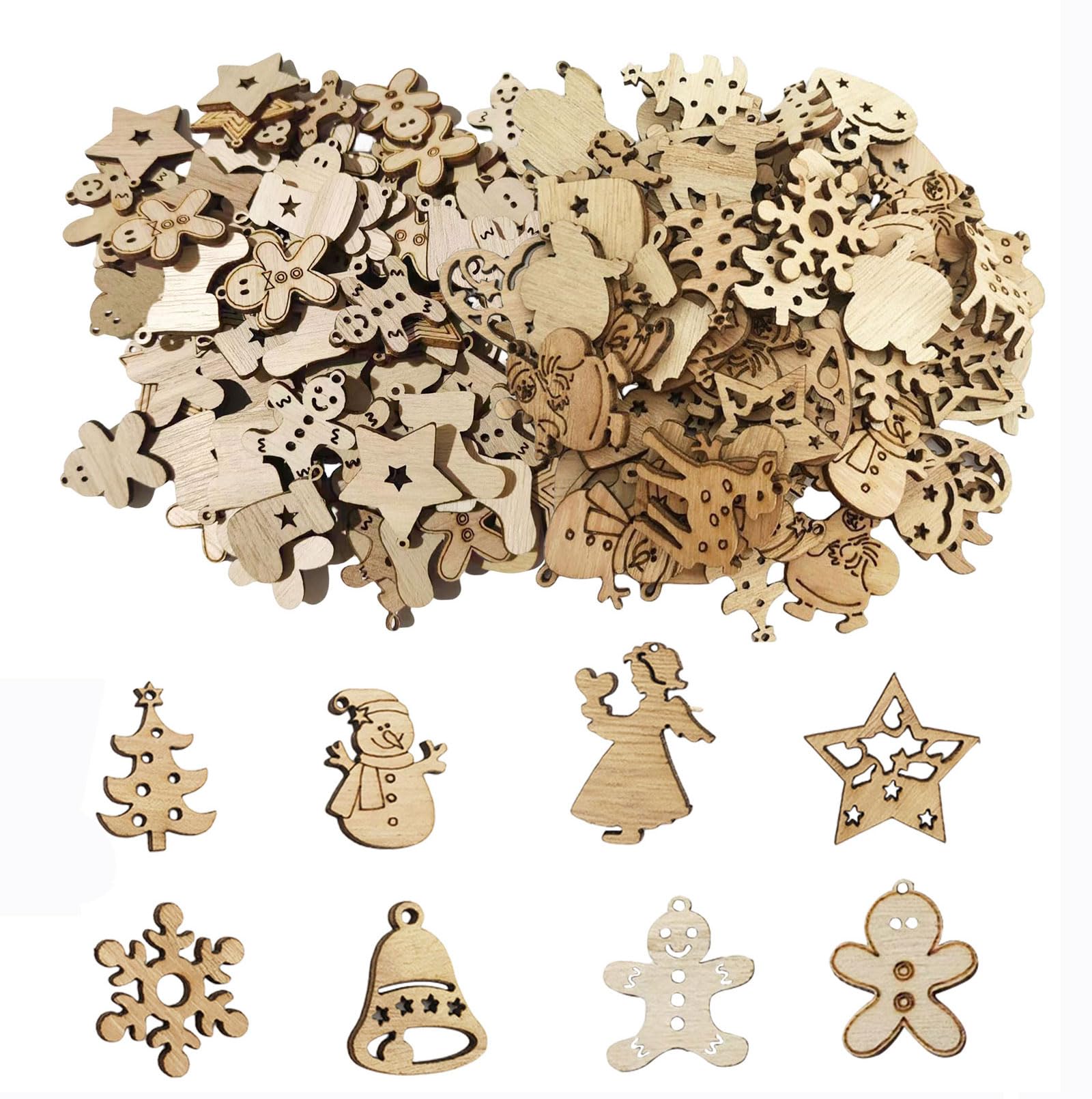 Mini adornos de Navidad de madera, 190 piezas de copos de nieve, corazón de jengibre, rodajas de madera, decoraciones de Navidad, decoraciones colgantes de árbol de Navidad de madera para
