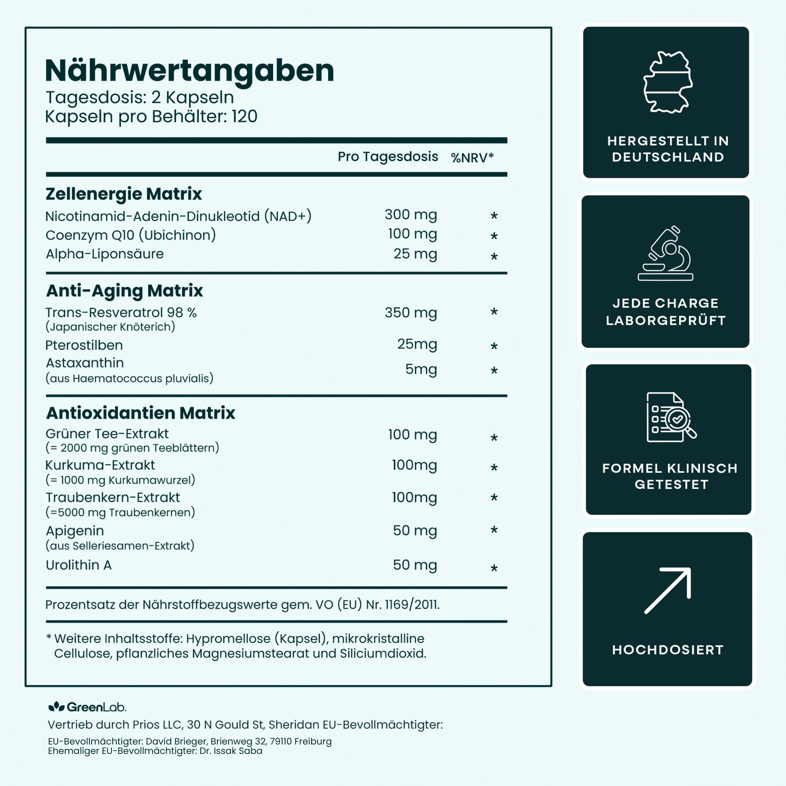 Green Lab NAD+ Komplex 1200 mg – Extra Starkes Liposomal NMN-Alternative Supplement mit Resveratrol, CoQ10, Alpha-Liponsäure, Astaxanthin – Für Frauen & Männer – Energie, Zellschutz & Anti-Aging