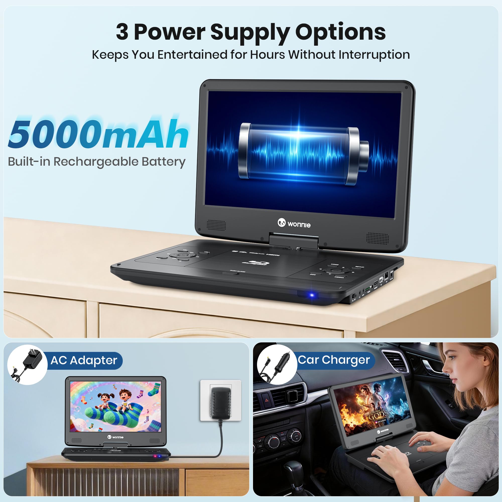 WONNIE Lettore Blu Ray portatile da 16,9 pollici con schermo girevole Full HD da 14,1 pollici 1080p, lettore DVD Blu-ray con uscita HDMI e ingresso AV, batteria ricaricabile 4-5 ore, supporto MP4