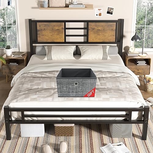 Miniatura 1 de HUEOFGP Base de cama Queen con cabecero, marco de cama de plataforma de metal con listones de metal resistentes, cama estable de soporte fuerte, no