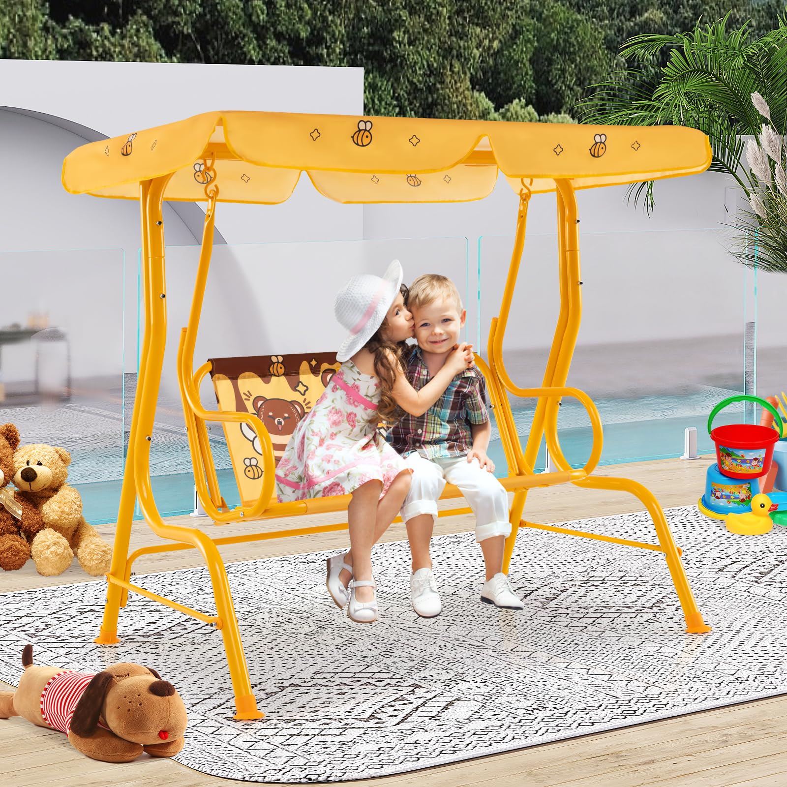 COSTWAY Balancelle de Jardin Extérieure Enfant 2 Places avec Motif Ours & Auvent Réglable, Balançoire de Patio avec Ceintures de Sécurité, Charge Max 80KG pour 3 Ans+, 112x76,5x111 cm