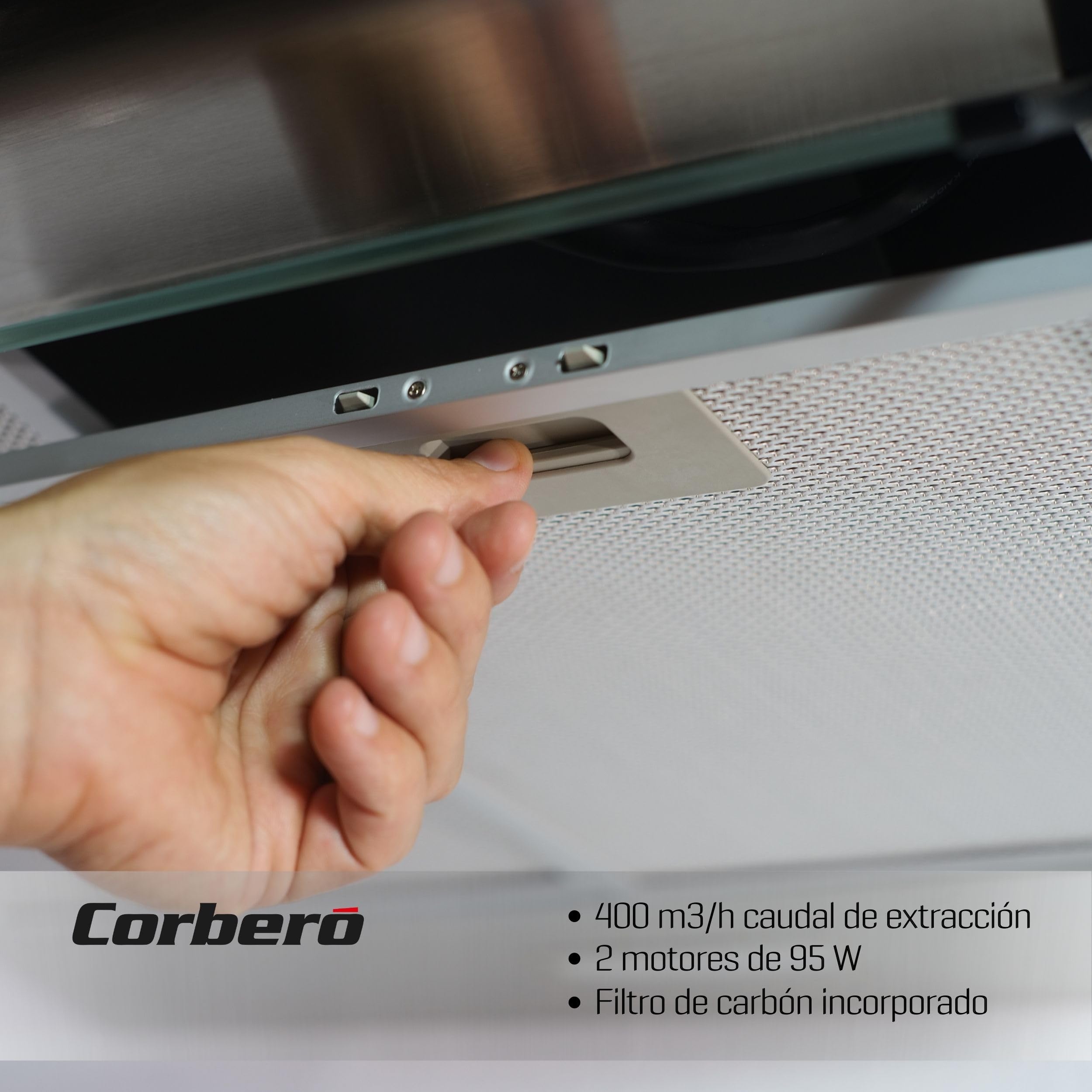 Corberó SELATI640X Campana Convenzionale, 60 cm, Portata 400 m3/h, Inox,191,5 W, 3 velocità, 2 x Filtro Alluminio, Filtro Carbonio, Efficienza Energetica D